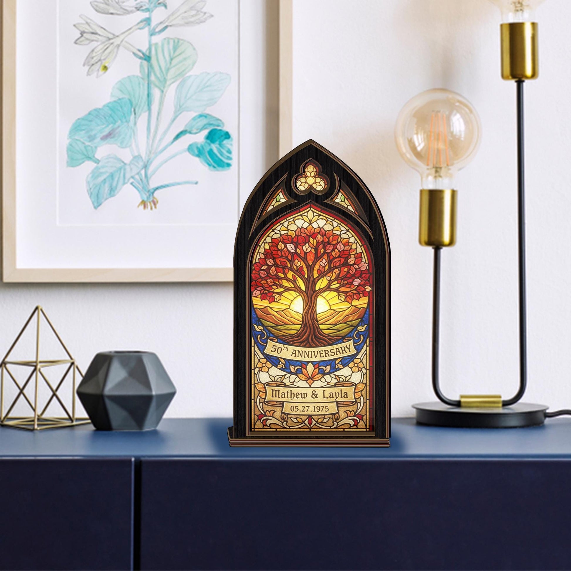 Personalized Anniversary Candle Holder: Stained Glass Tree Design