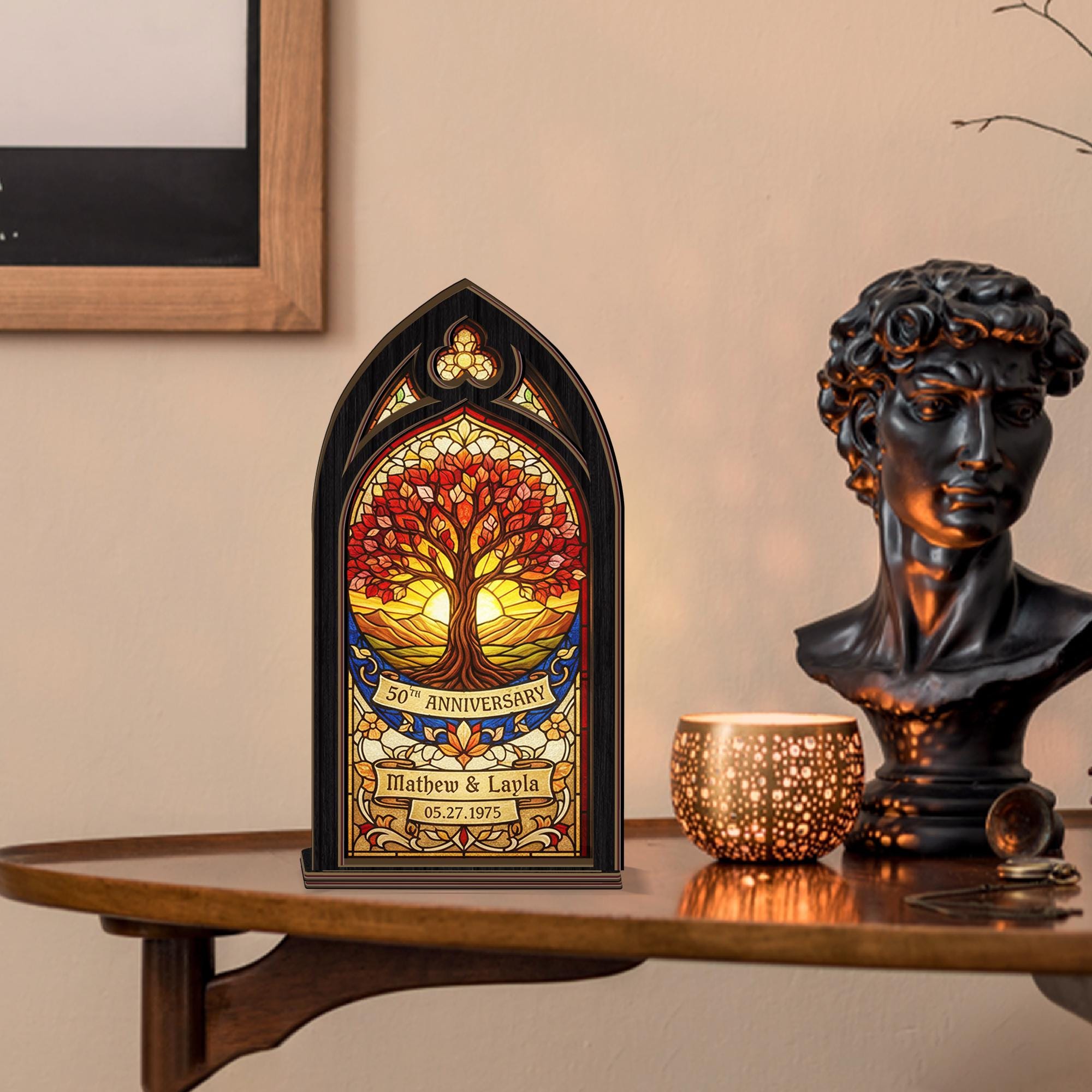 Personalized Anniversary Candle Holder: Stained Glass Tree Design