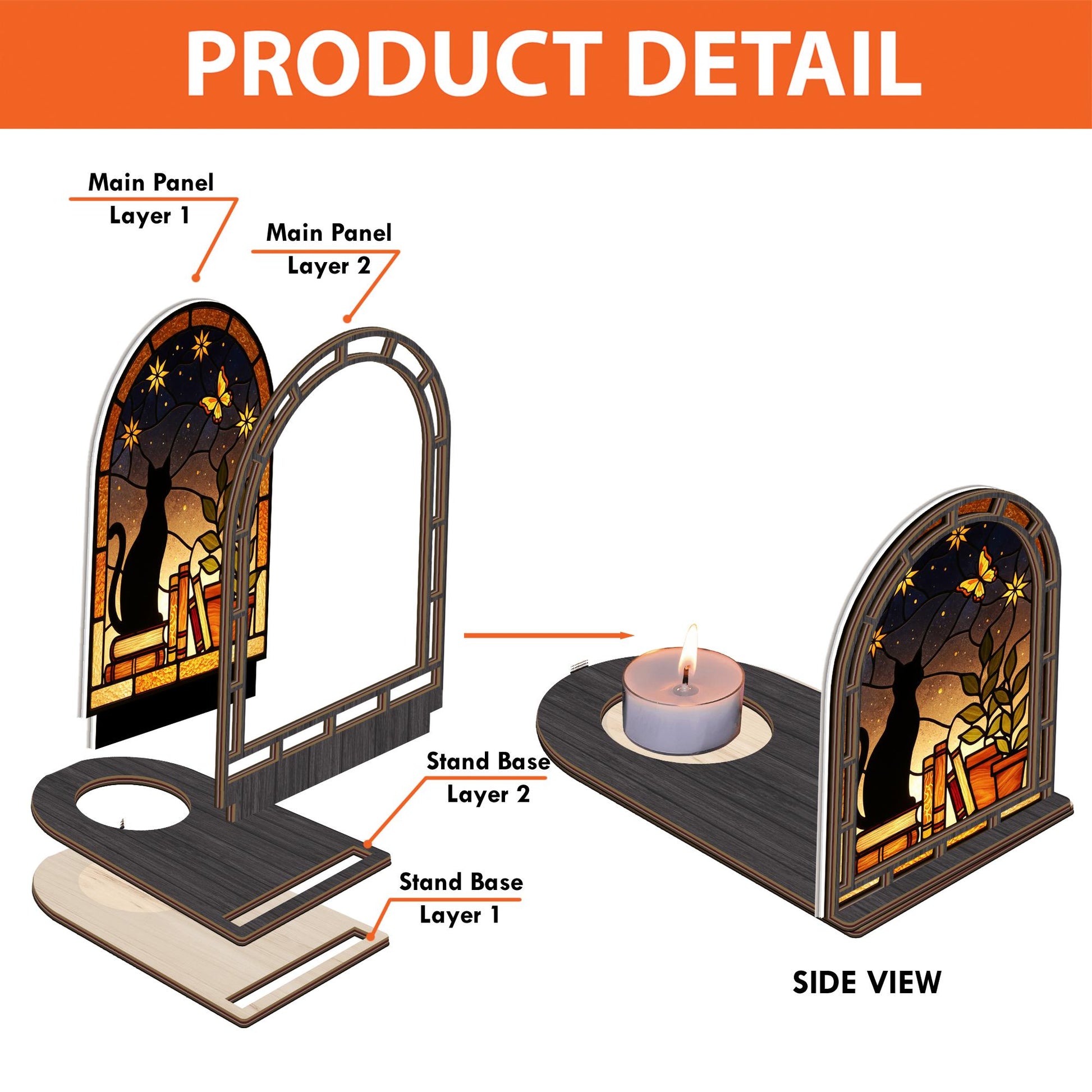 Stained Glass Style Cat Candle Holder: Night Sky Wooden Decoration