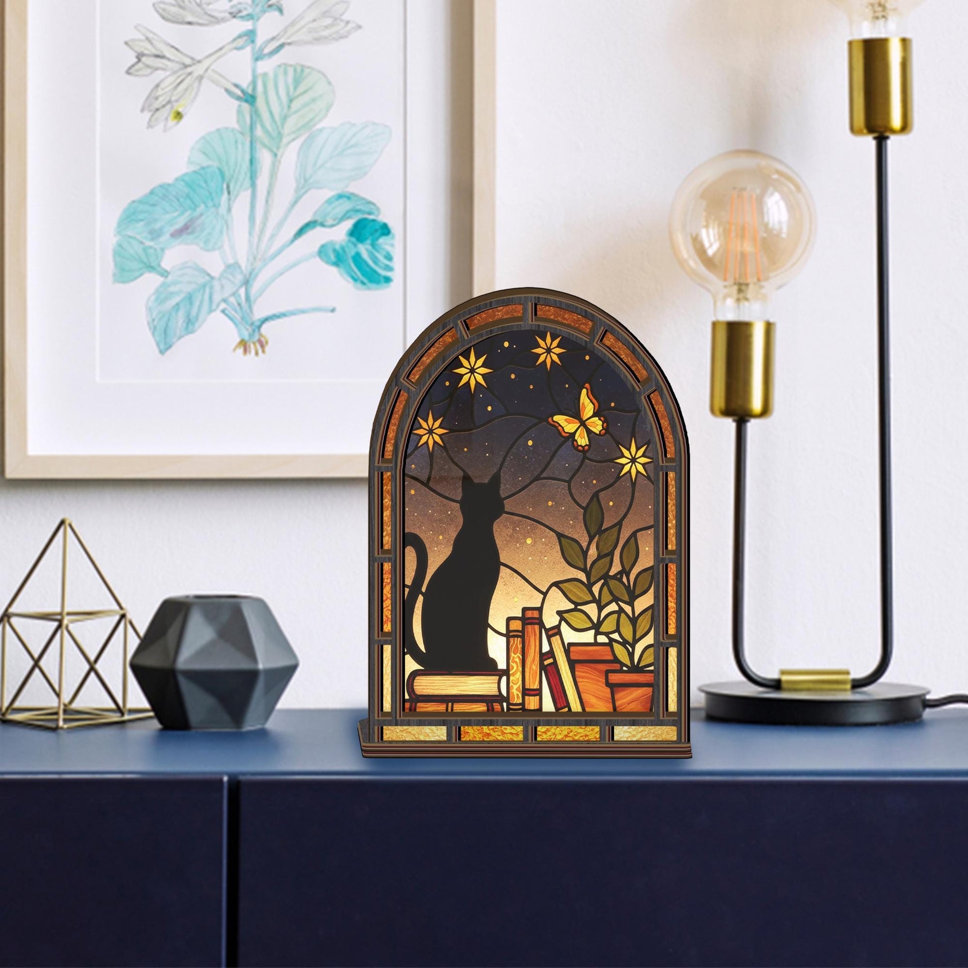 Stained Glass Style Cat Candle Holder: Night Sky Wooden Decoration
