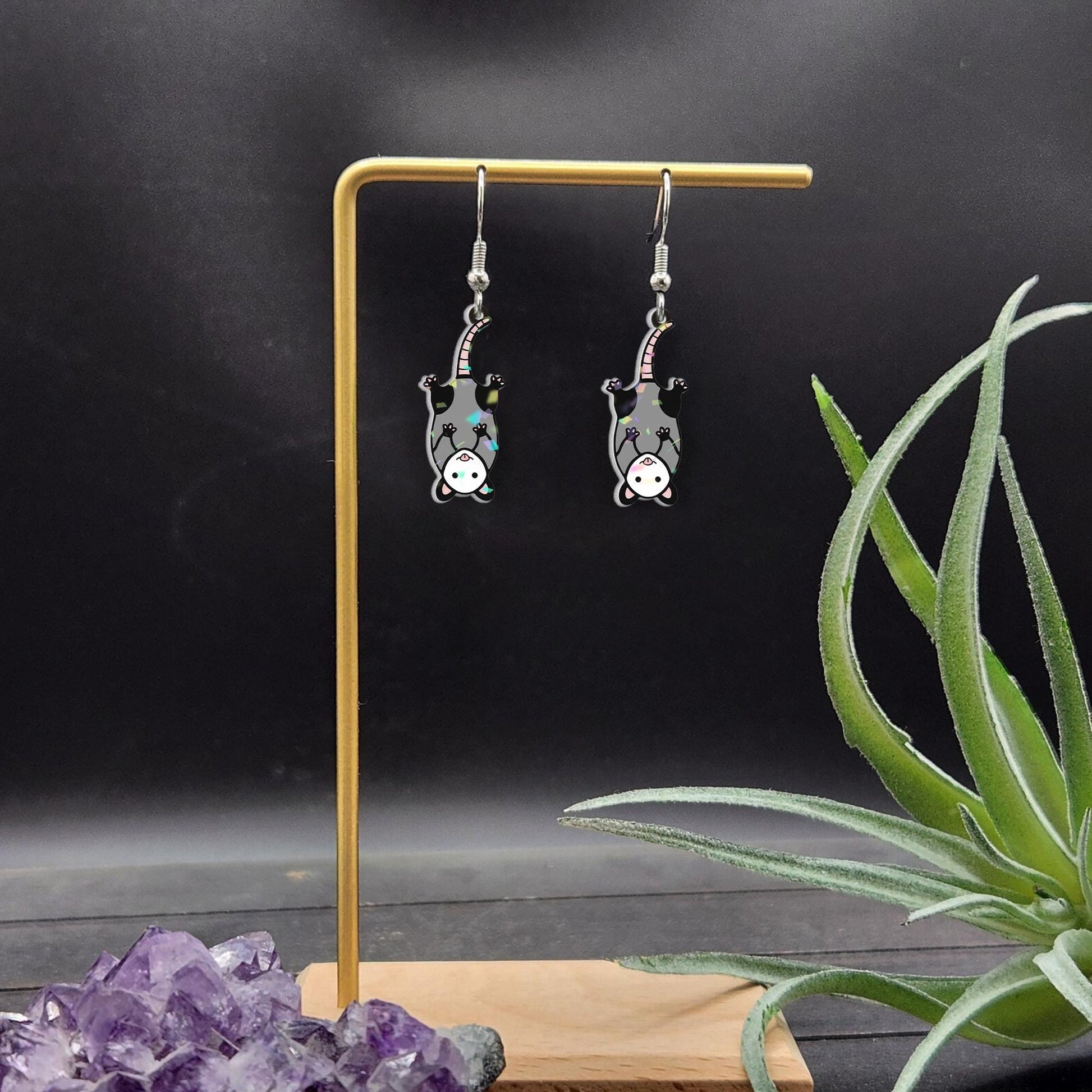 Holographic Opossum Dangle Earrings: Animal Jewelry