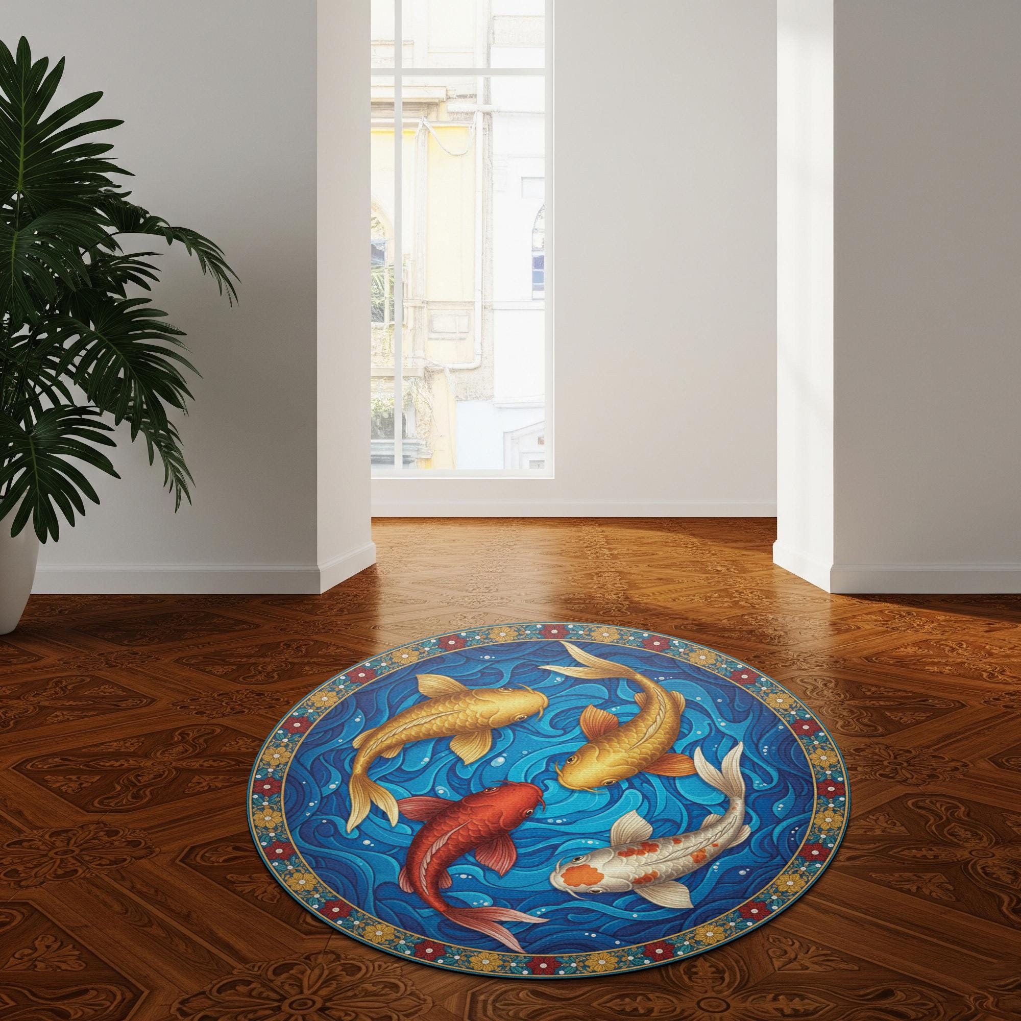 Round Koi Fish Area Rug – Blue Swirl Carp Pond Design image 2