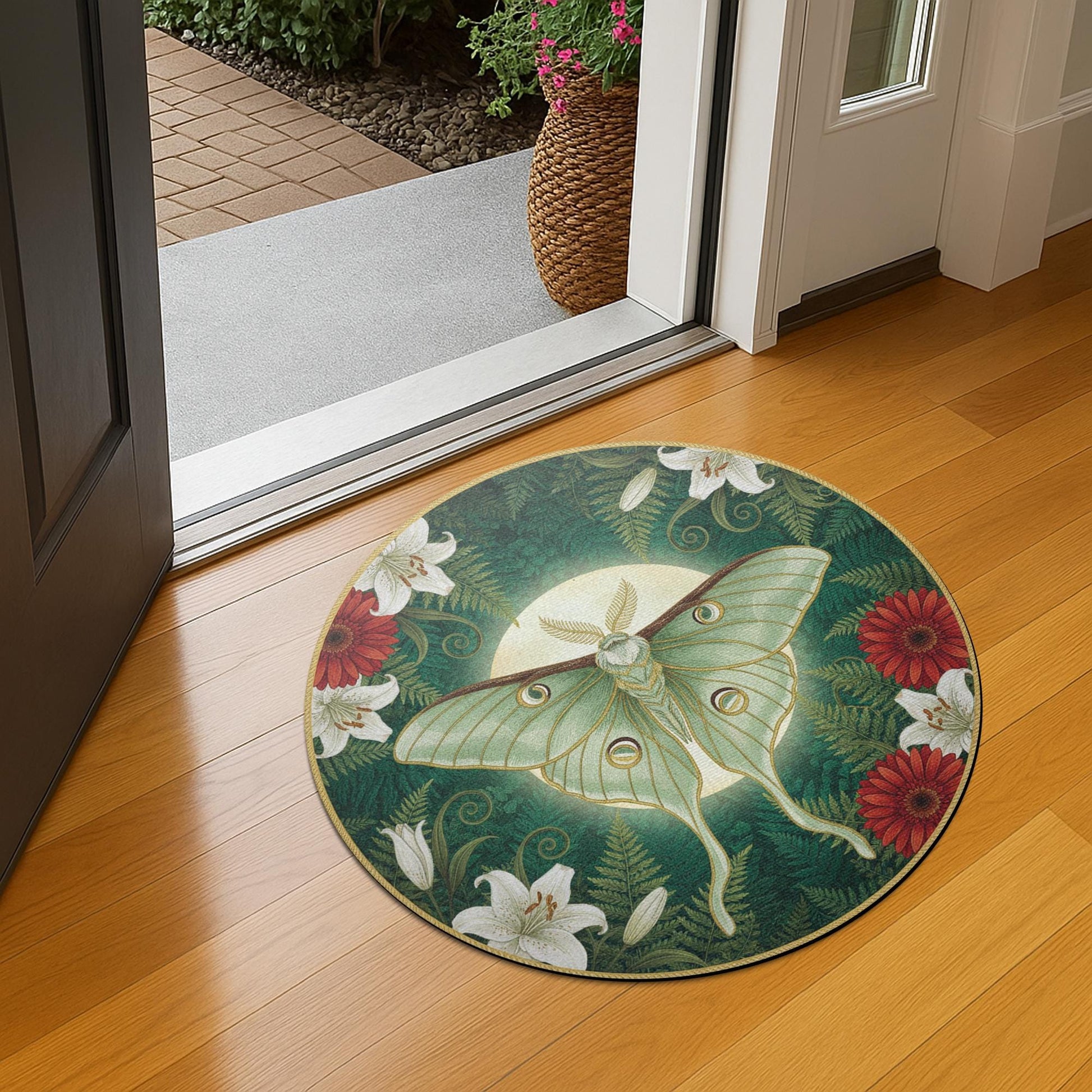 Green Moon-Moth Round Accent Rug — Celestial Moth & Floral Design Entryway Floor Mat image 4