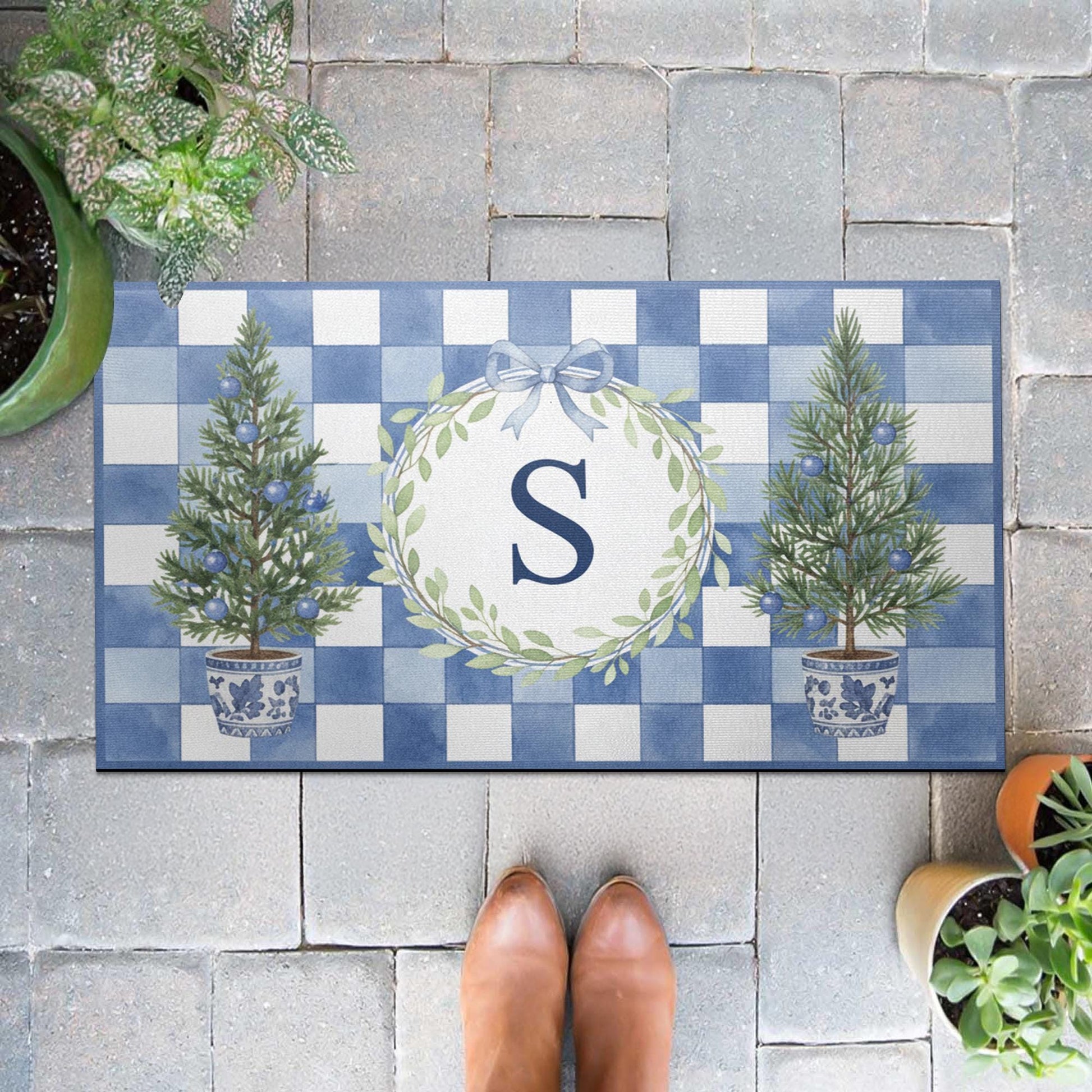 Personalised Blue Gingham Wreath Initial Doormat — Monogram Entry Door Mat with Chinoiserie Tree Pots image 1