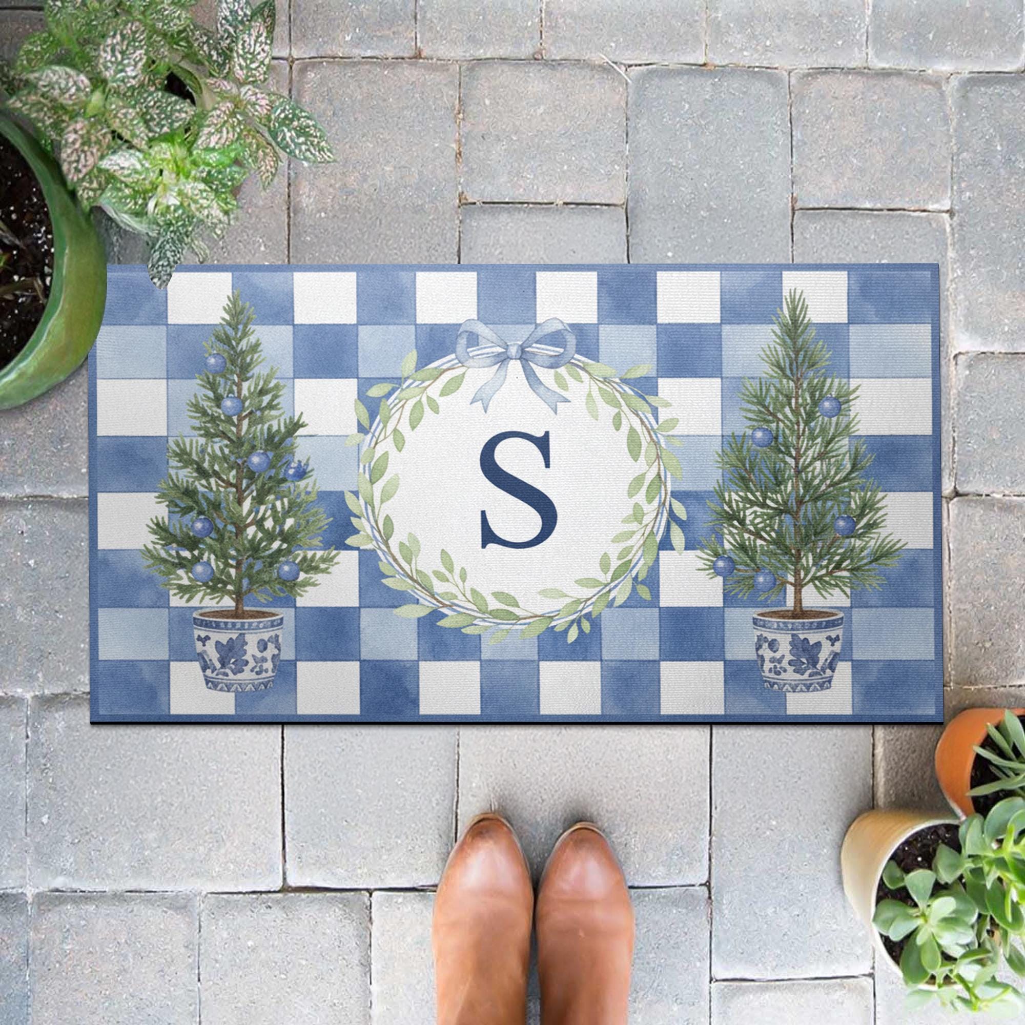Personalised Blue Gingham Wreath Initial Doormat — Monogram Entry Door Mat with Chinoiserie Tree Pots image 1