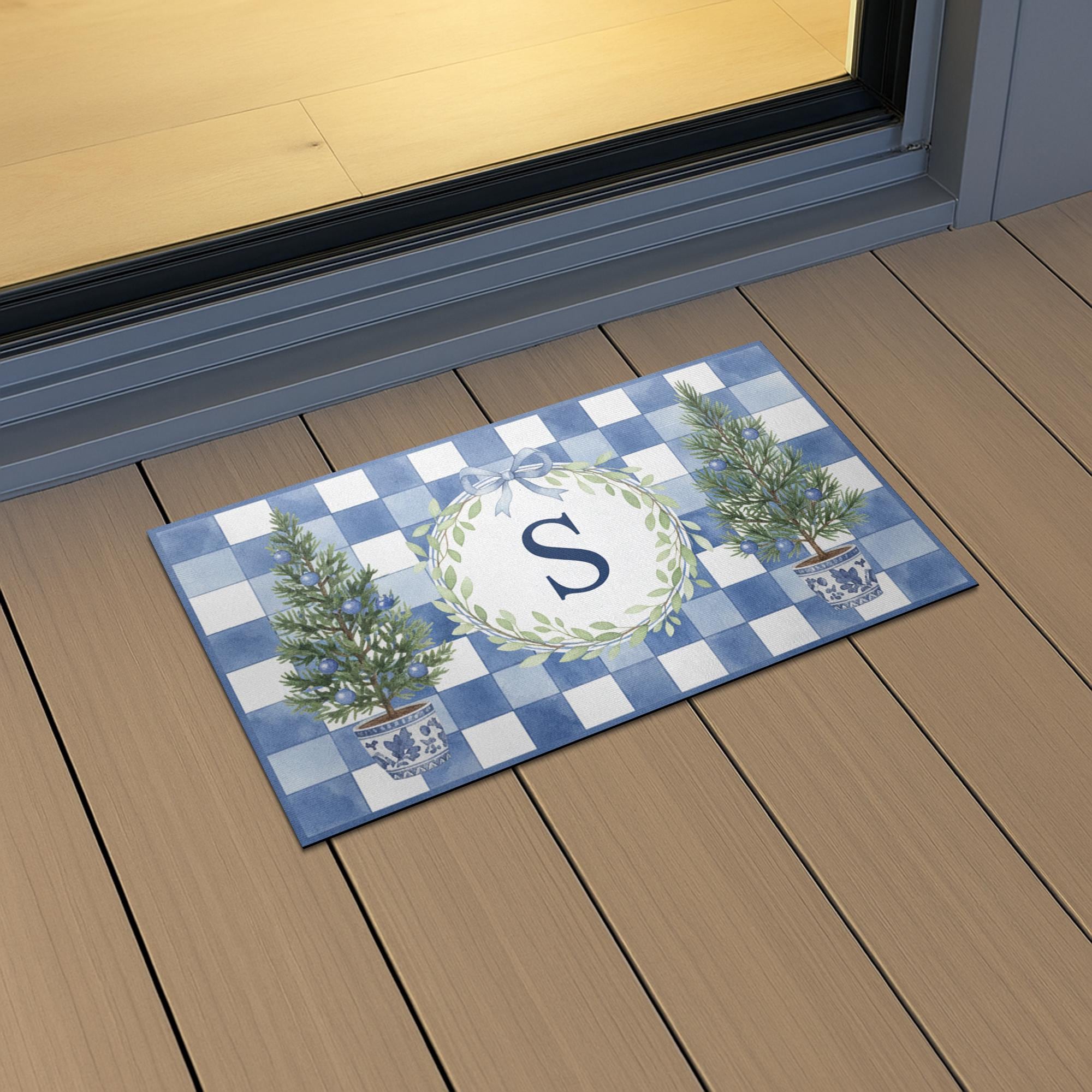 Personalised Blue Gingham Wreath Initial Doormat — Monogram Entry Door Mat with Chinoiserie Tree Pots image 4