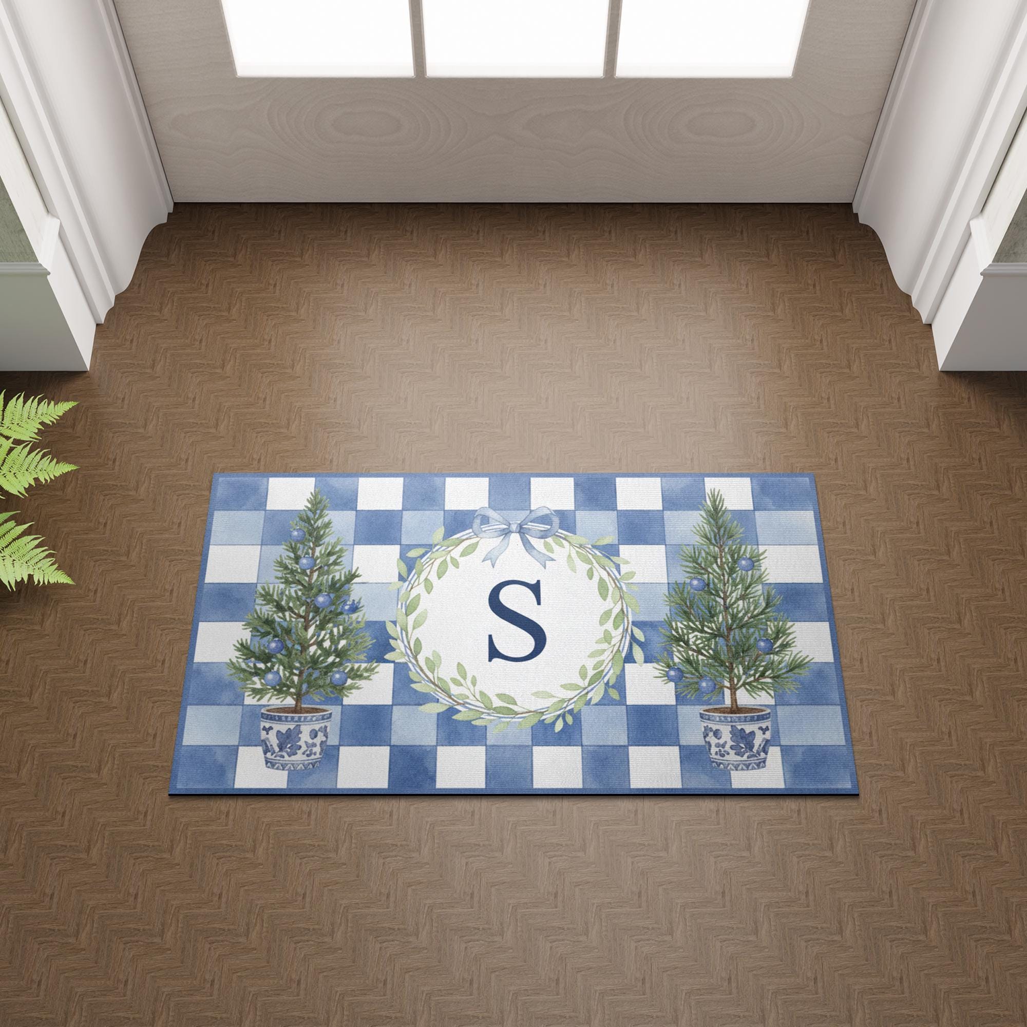 Personalised Blue Gingham Wreath Initial Doormat — Monogram Entry Door Mat with Chinoiserie Tree Pots image 6
