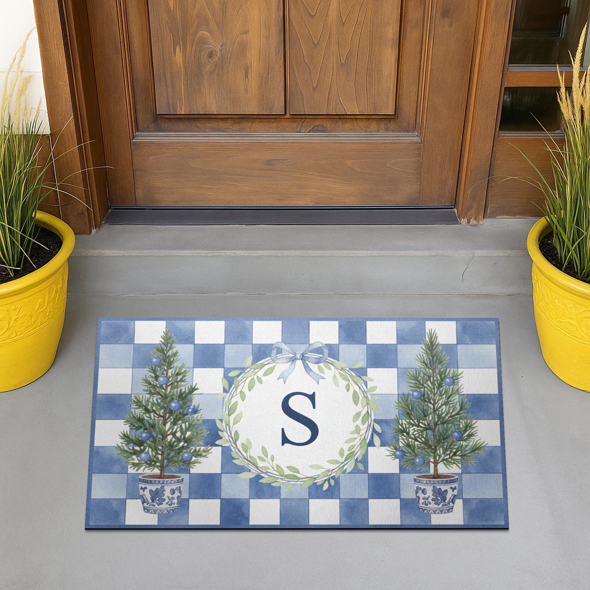 Personalised Blue Gingham Wreath Initial Doormat — Monogram Entry Door Mat with Chinoiserie Tree Pots image 2