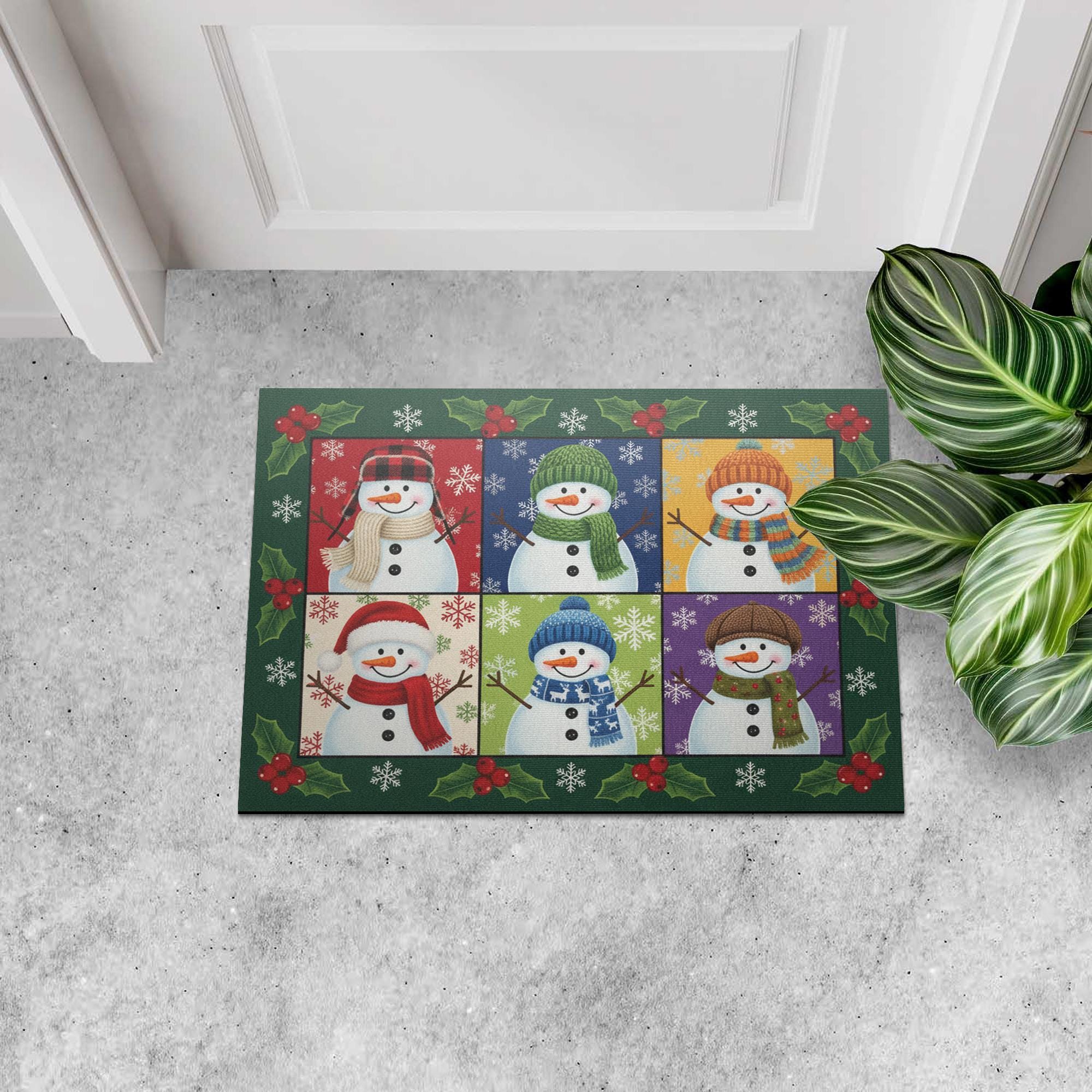 Holly Frame Snowman Panel Doormat — Checkerboard Holiday Entry Floor Mat image 6