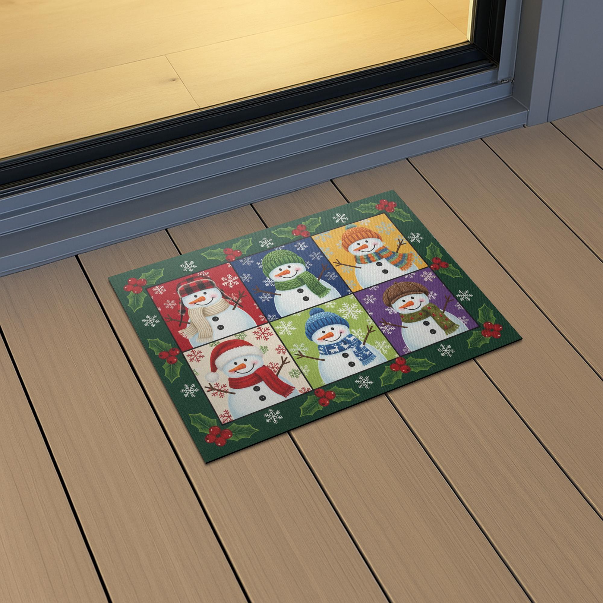 Holly Frame Snowman Panel Doormat — Checkerboard Holiday Entry Floor Mat image 3