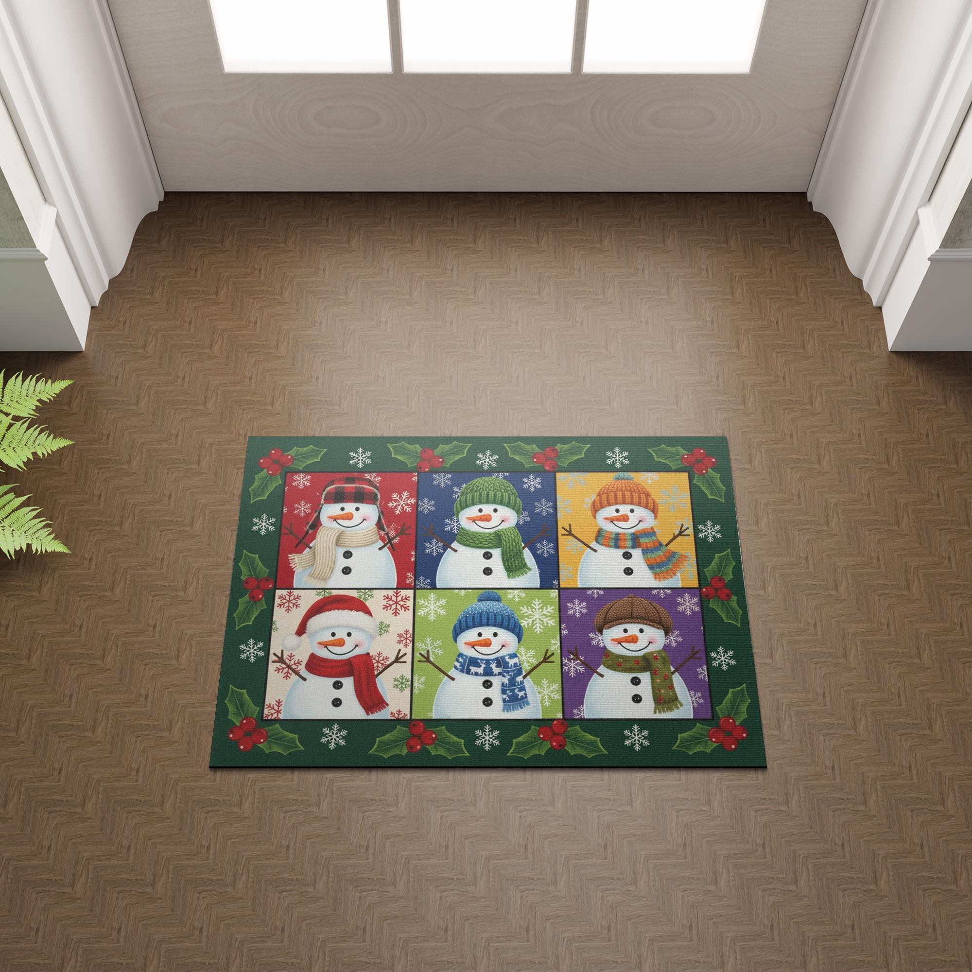 Holly Frame Snowman Panel Doormat — Checkerboard Holiday Entry Floor Mat image 5