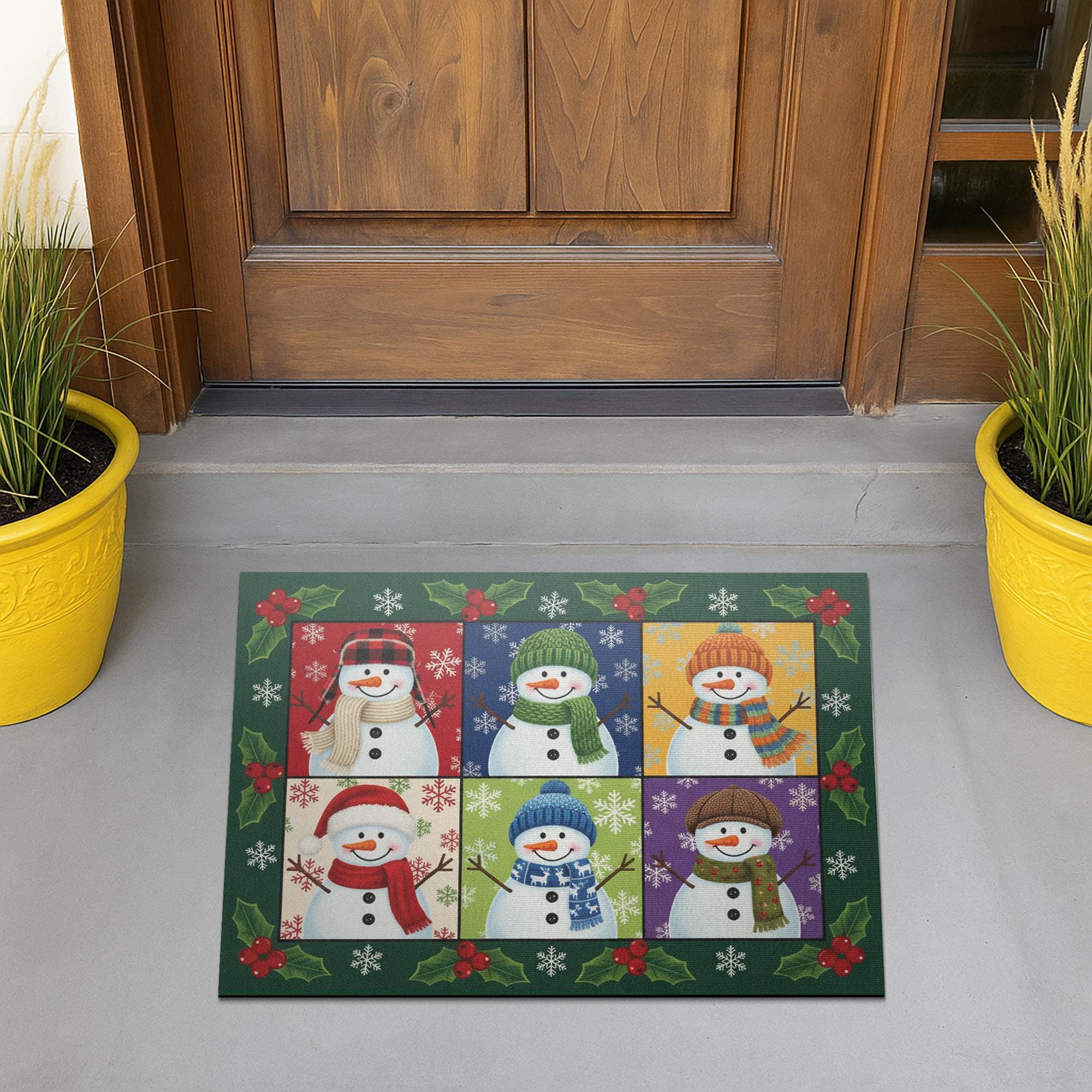 Holly Frame Snowman Panel Doormat — Checkerboard Holiday Entry Floor Mat image 1