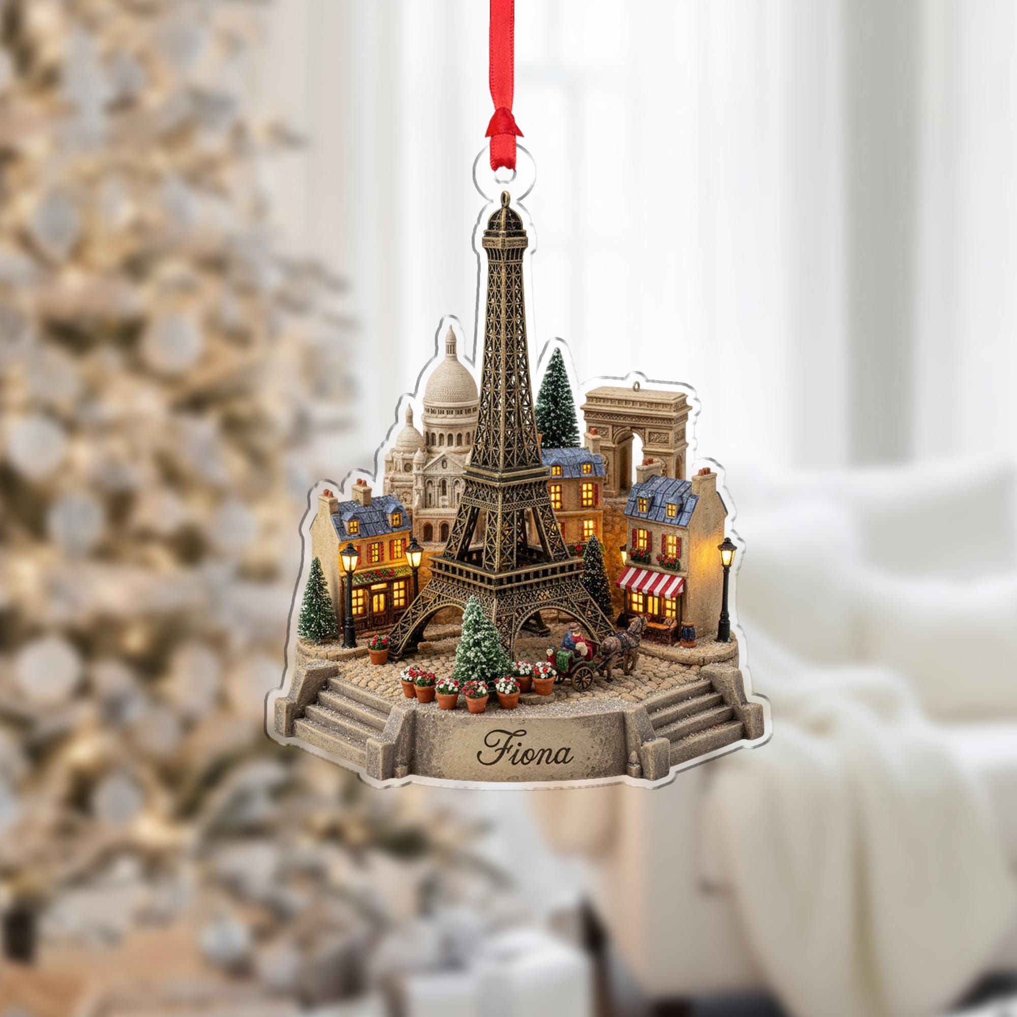 Personalised Paris Landmark Ornament — Eiffel Tower Scene with Mini-Village Details image 1