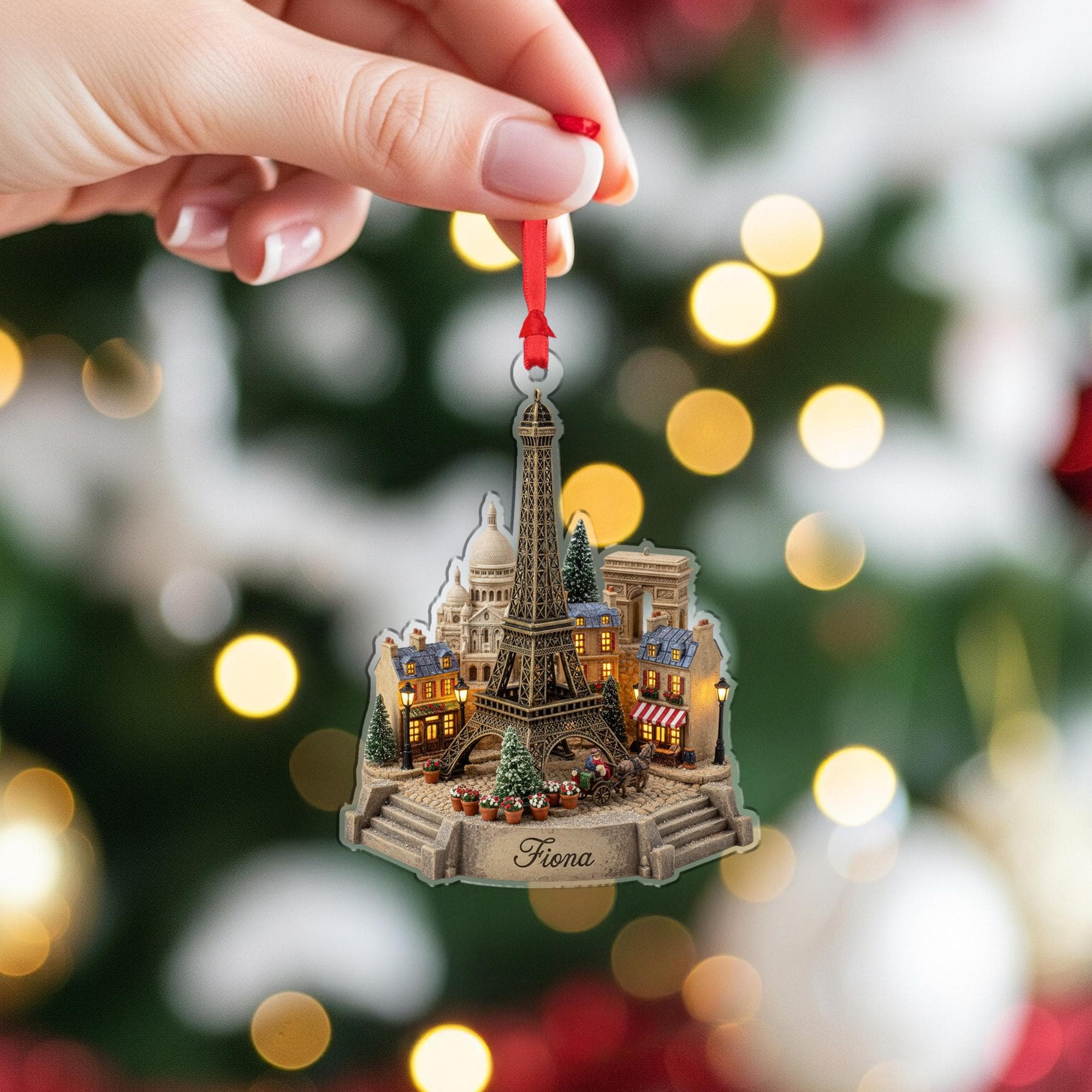 Personalised Paris Landmark Ornament — Eiffel Tower Scene with Mini-Village Details image 5