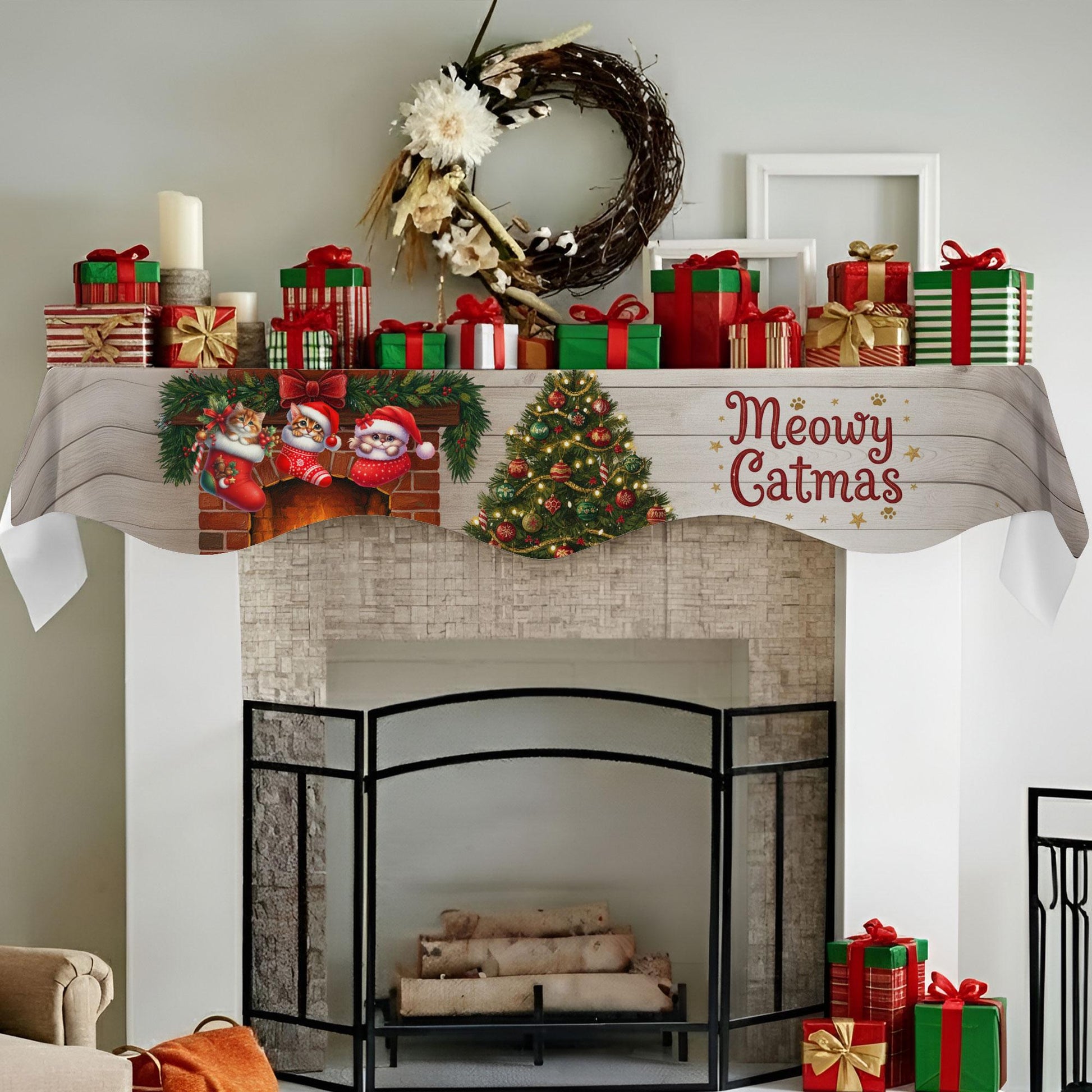 Personalized Cat Christmas Mantel Scarf: Meowy Catmas Fireplace Decor with Custom Pet Names image 1