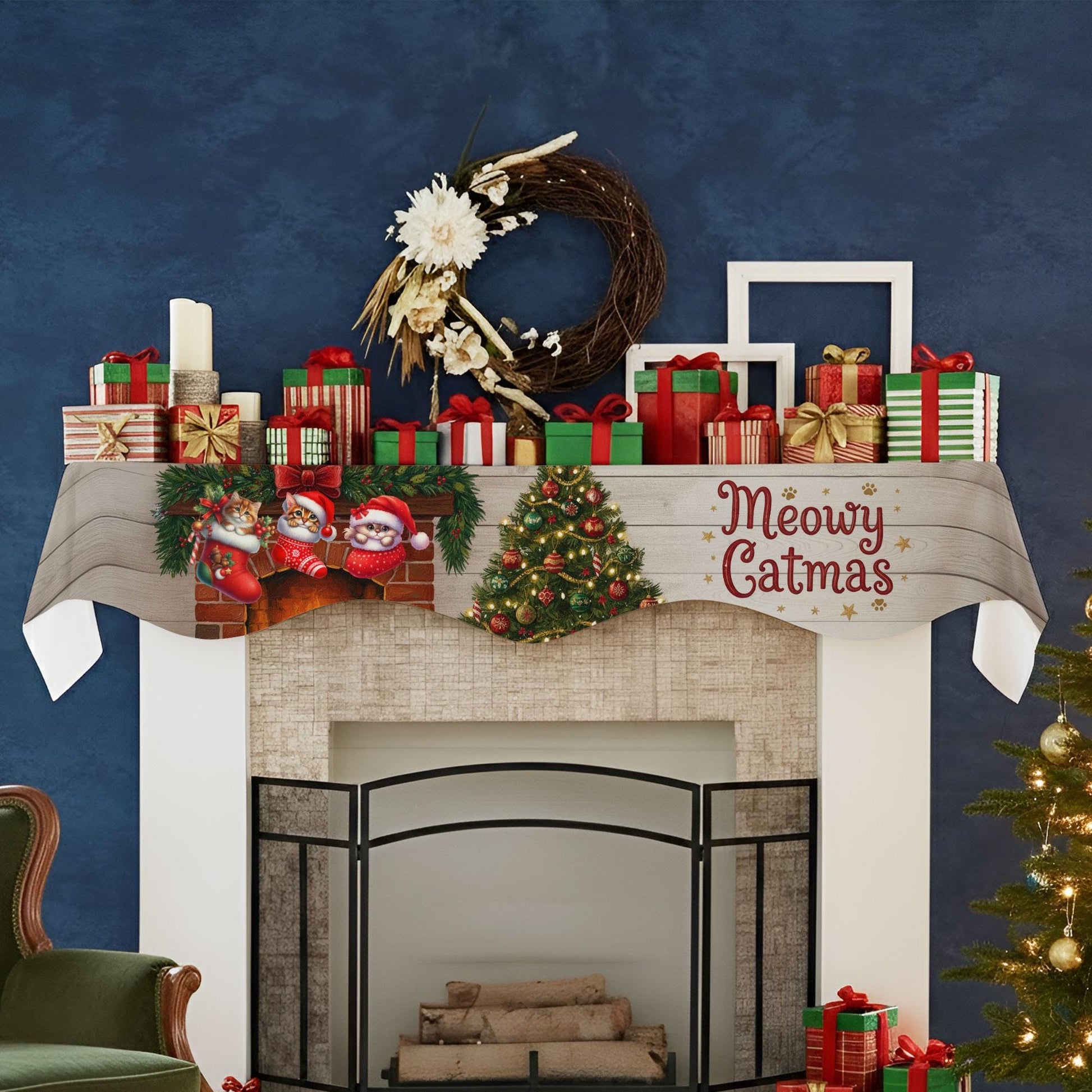 Personalized Cat Christmas Mantel Scarf: Meowy Catmas Fireplace Decor with Custom Pet Names image 8
