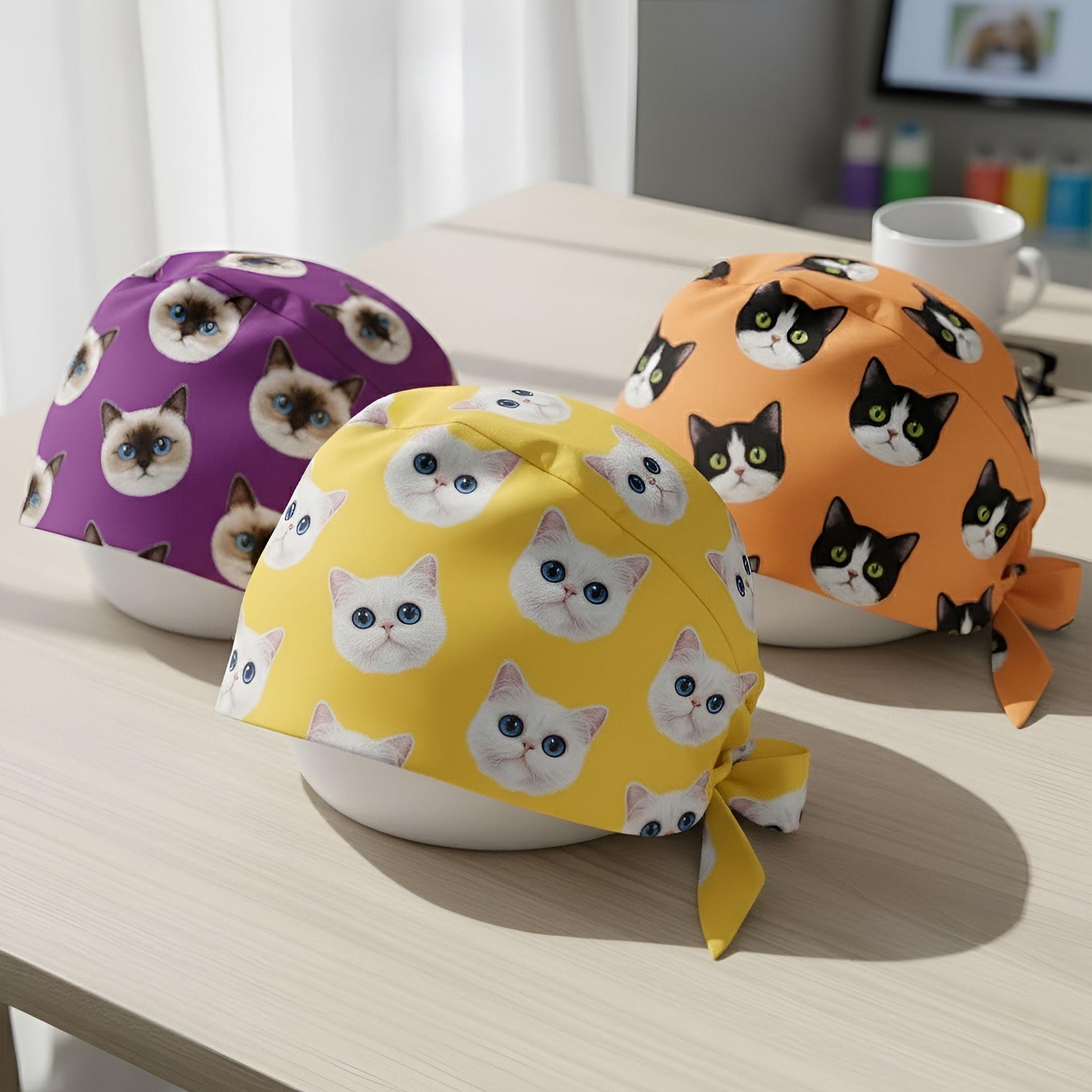 Custom Cat Face Scrub Cap: Personalized Tie Back Surgical Hat image 3