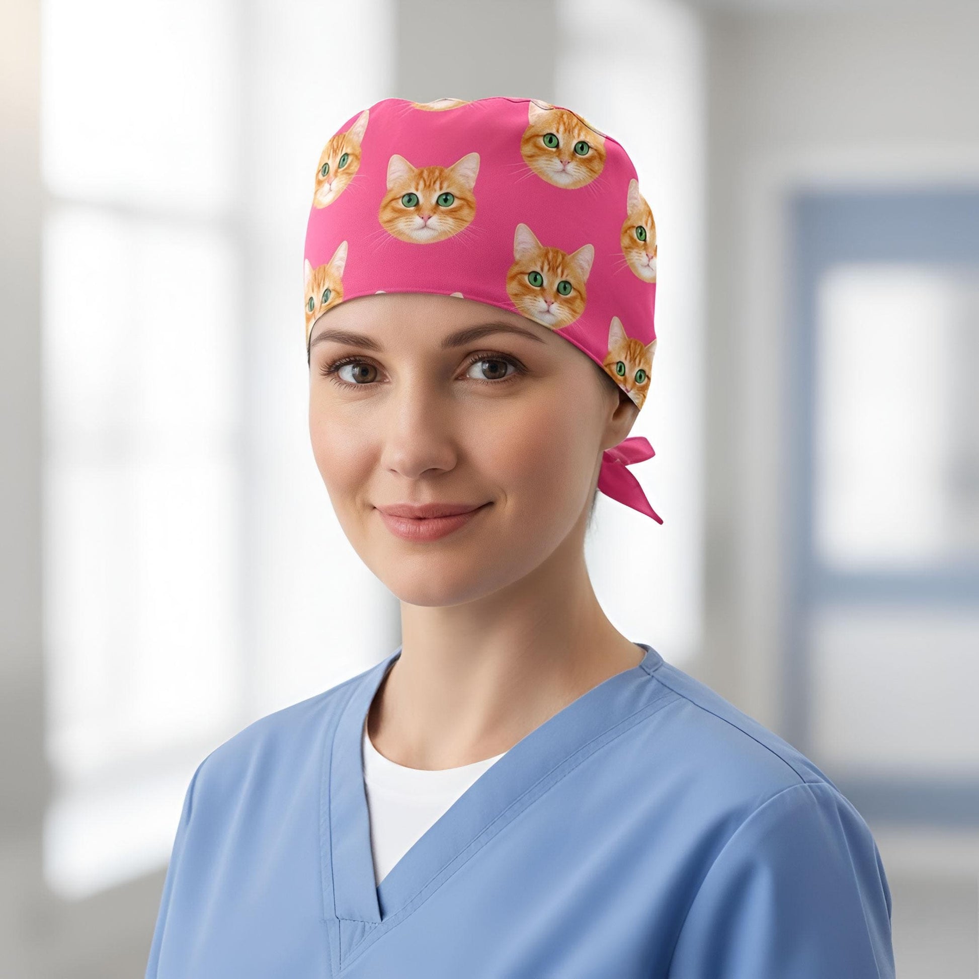 Custom Cat Face Scrub Cap: Personalized Tie Back Surgical Hat image 4