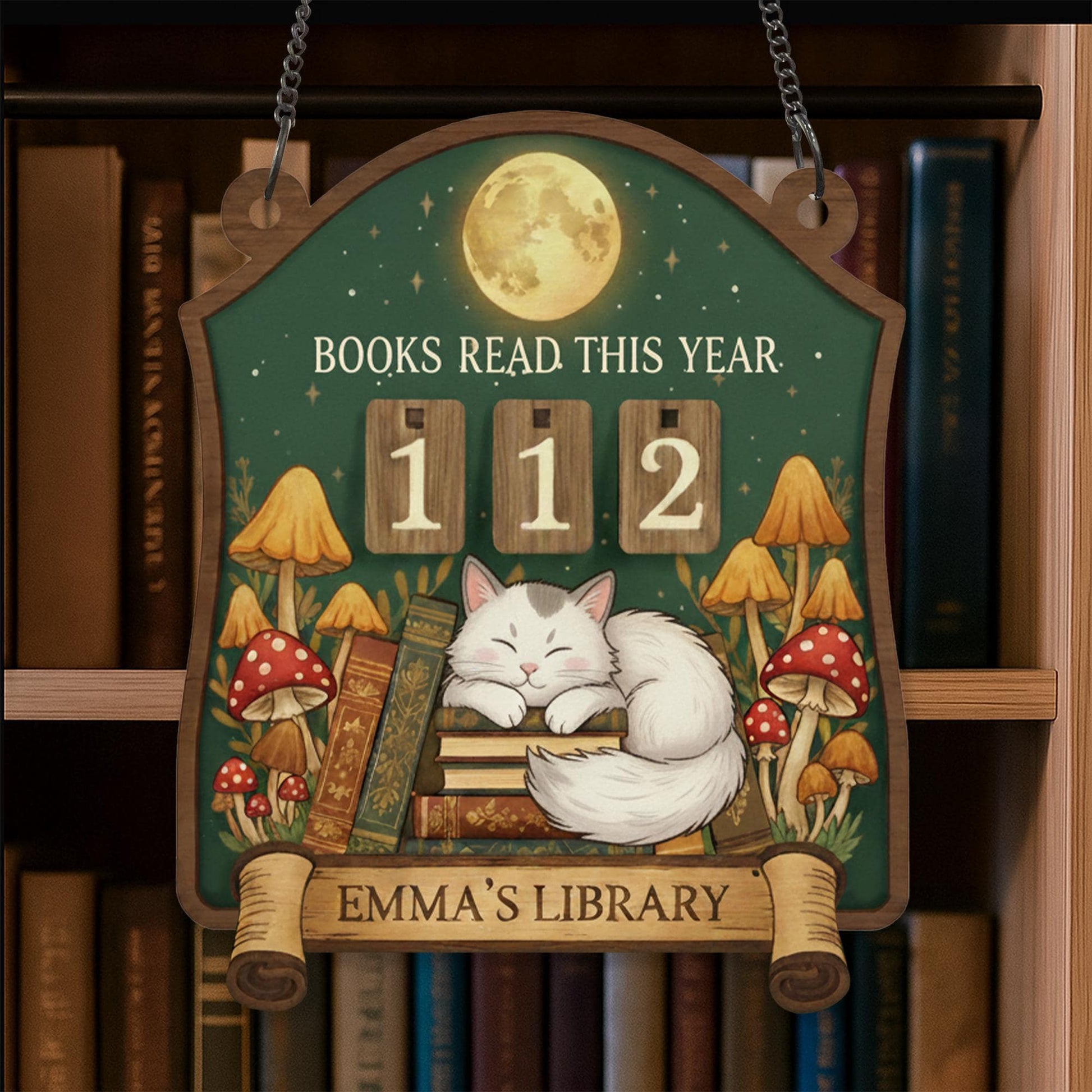 Personalized Cat Book Tracker Sign – Custom Woodland Reading Goal Counter Library Decor Gift image 4