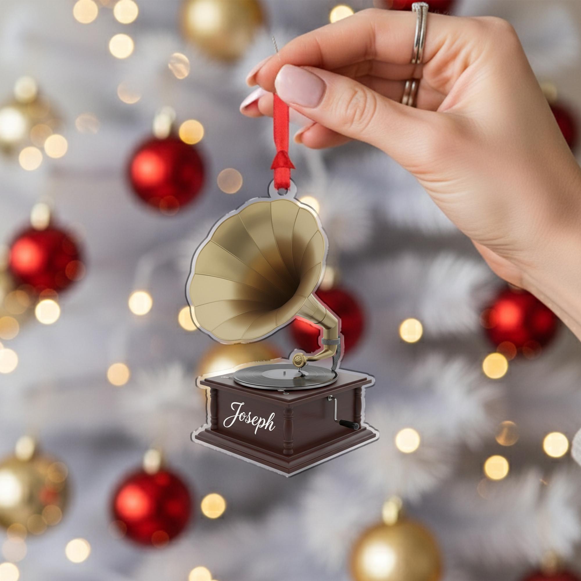 Personalized Gramophone Ornament – Custom Acrylic Decoration with Name, Vintage Music Player Design