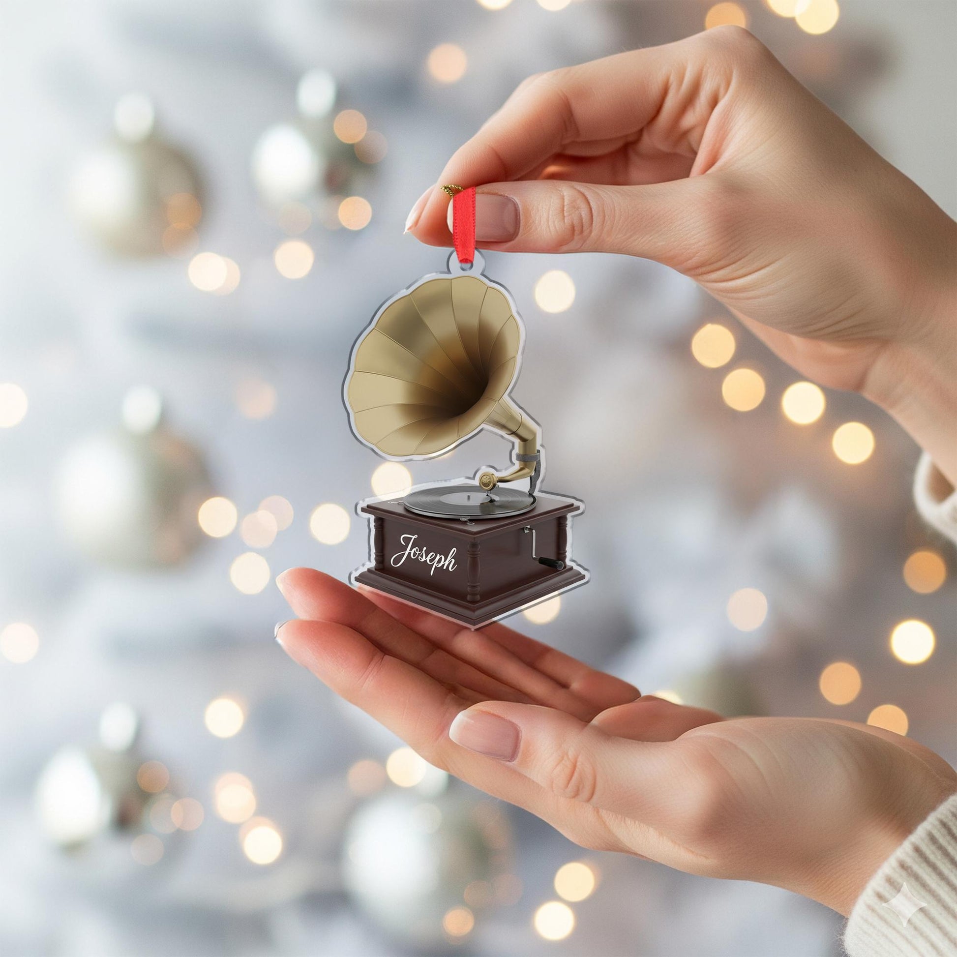 Personalized Gramophone Ornament – Custom Acrylic Decoration with Name, Vintage Music Player Design