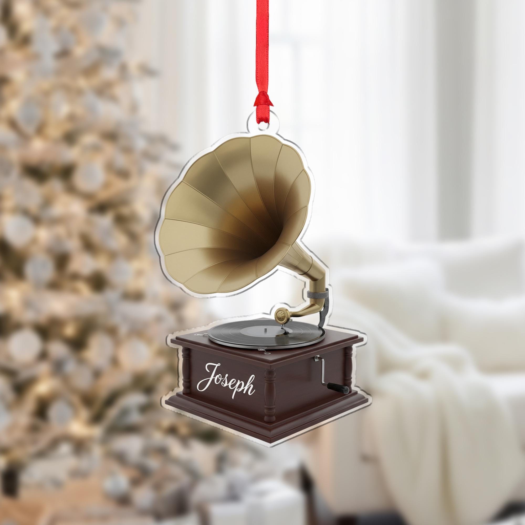 Personalized Gramophone Ornament – Custom Acrylic Decoration with Name, Vintage Music Player Design