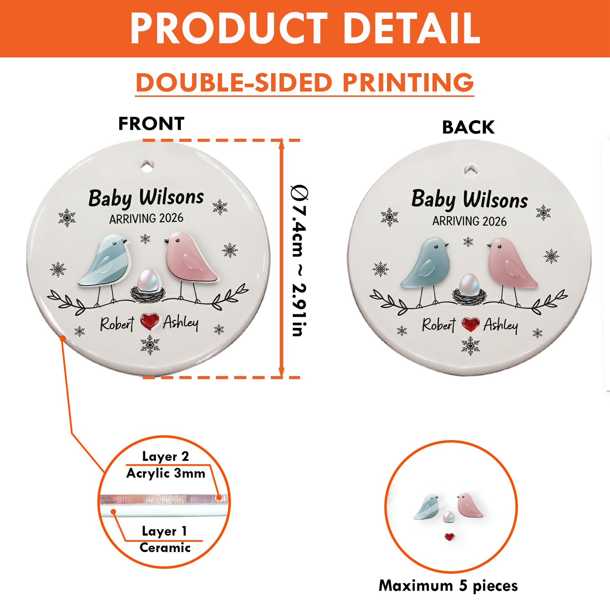 Personalized Baby Announcement Ornament: Custom Ceramic & Acrylic, Birds Design
