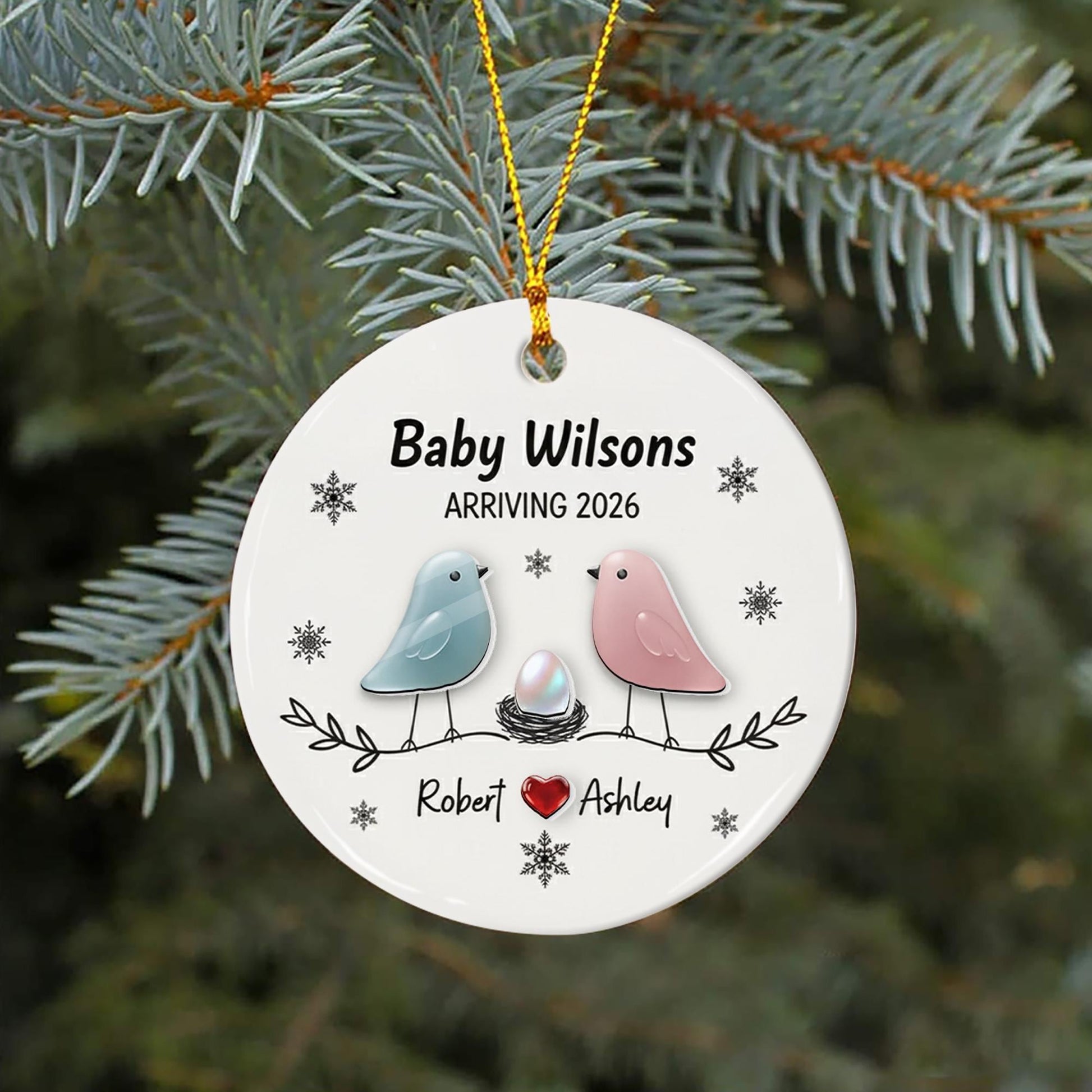 Personalized Baby Announcement Ornament: Custom Ceramic & Acrylic, Birds Design