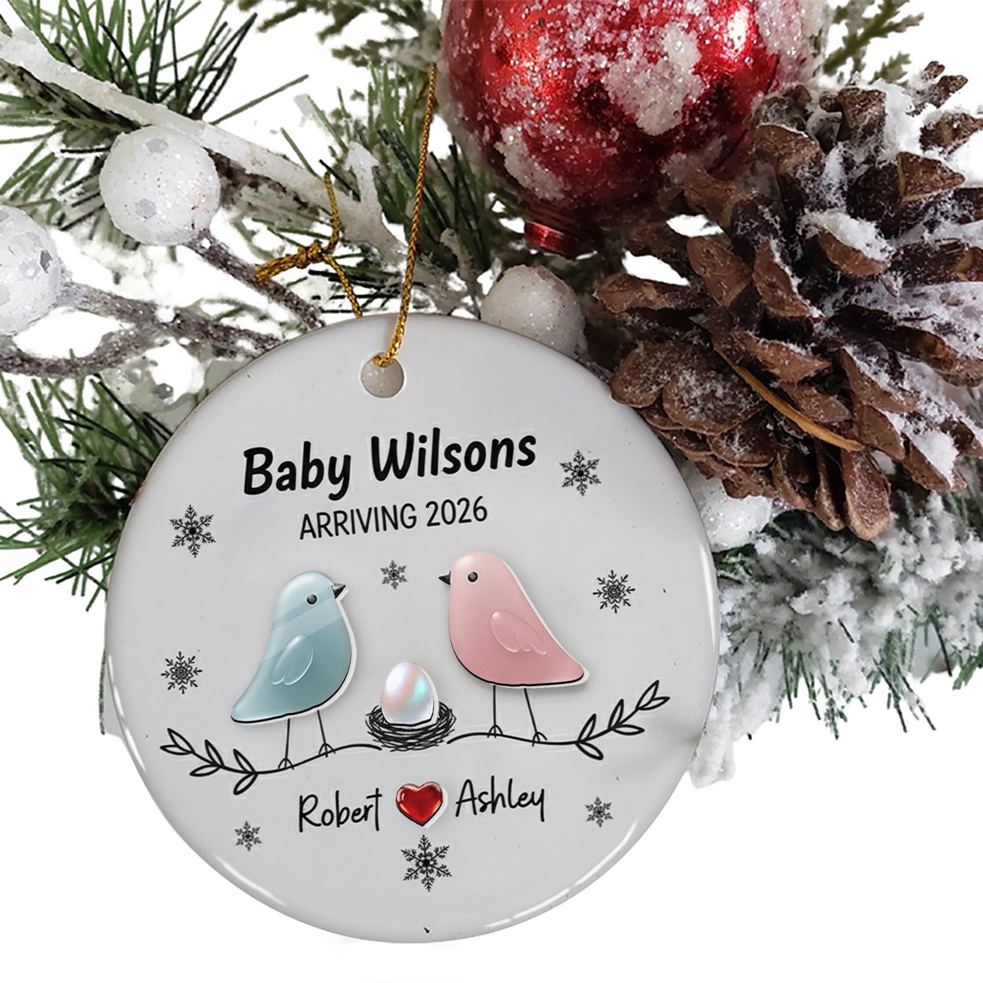 Personalized Baby Announcement Ornament: Custom Ceramic & Acrylic, Birds Design