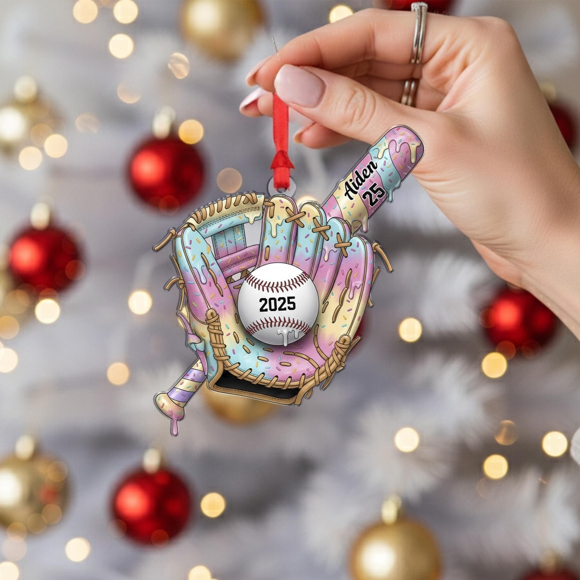Personalized Baseball Ornament: Custom Acrylic Glove & Bat Design