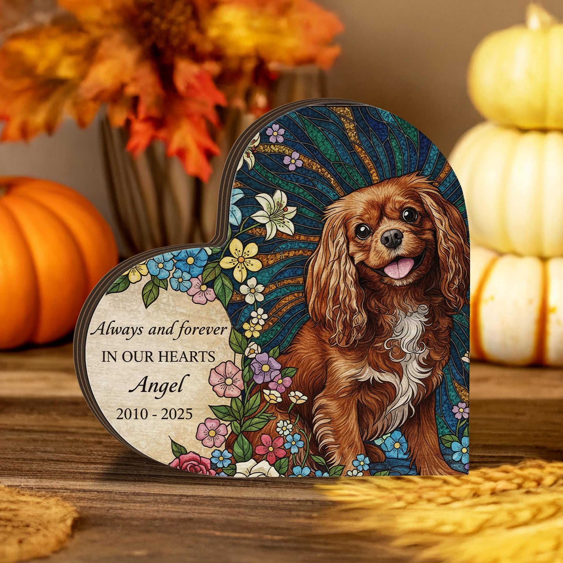 Personalized Pet Memorial: Custom Photo Floral Wooden Heart