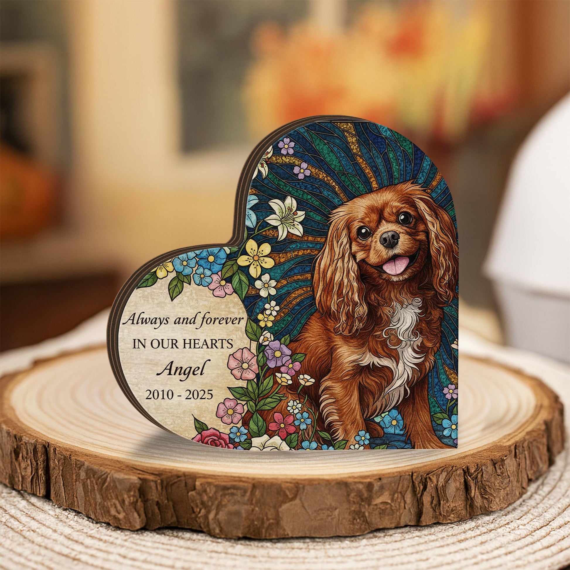 Personalized Pet Memorial: Custom Photo Floral Wooden Heart