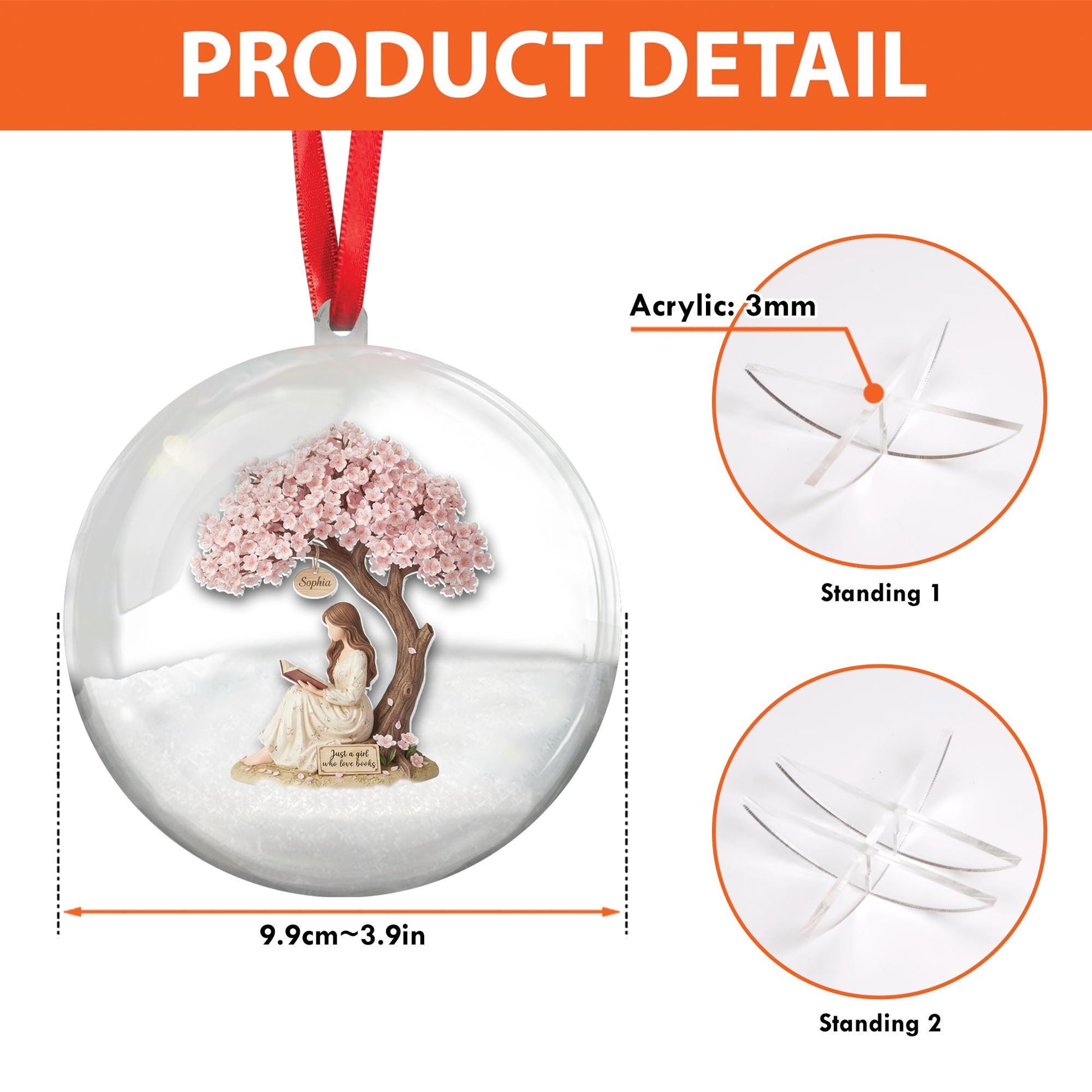 Cherry Blossom Book Lover Ornament – Personalized Girl Reading Ball Christmas Decoration image 4
