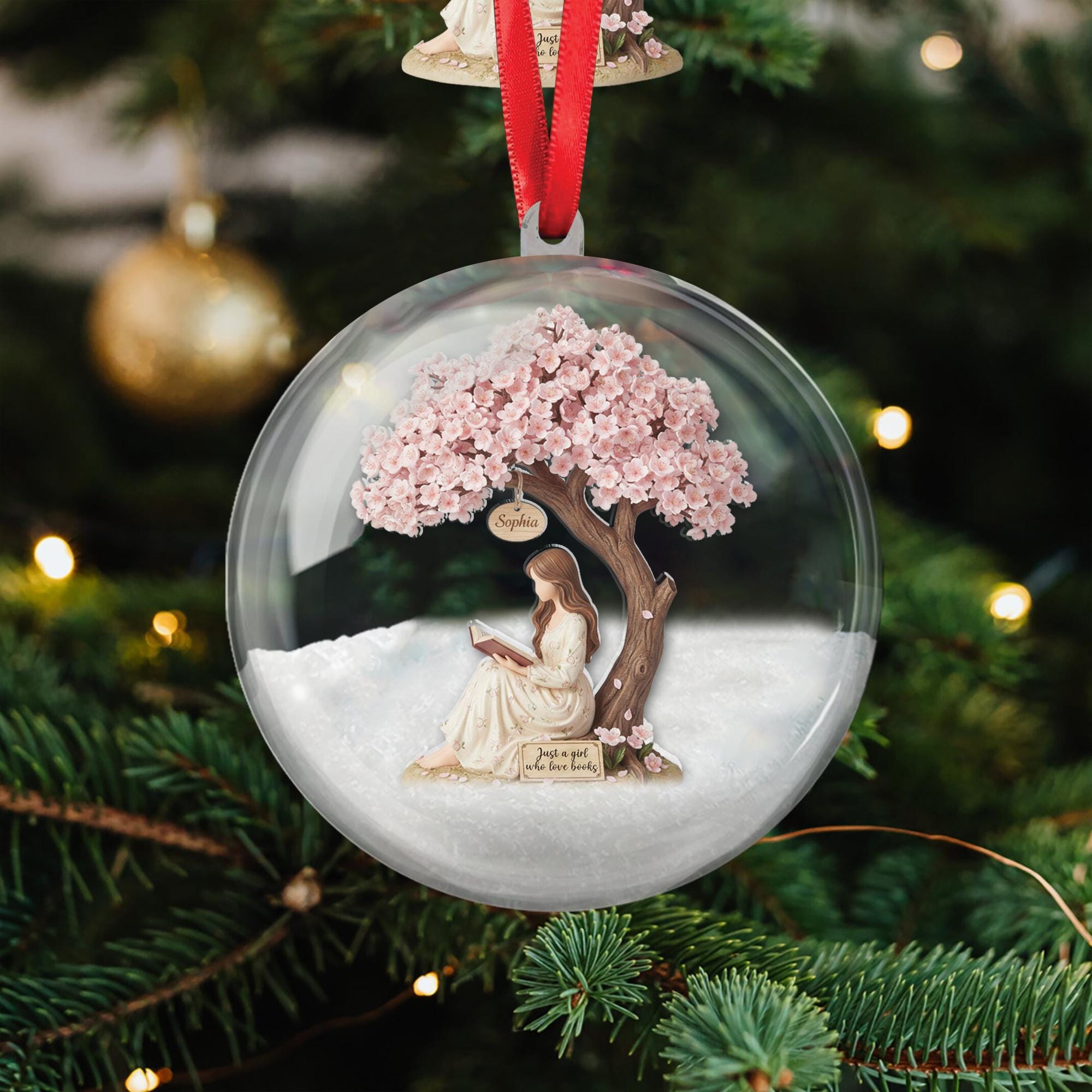 Cherry Blossom Book Lover Ornament – Personalized Girl Reading Ball Christmas Decoration image 1