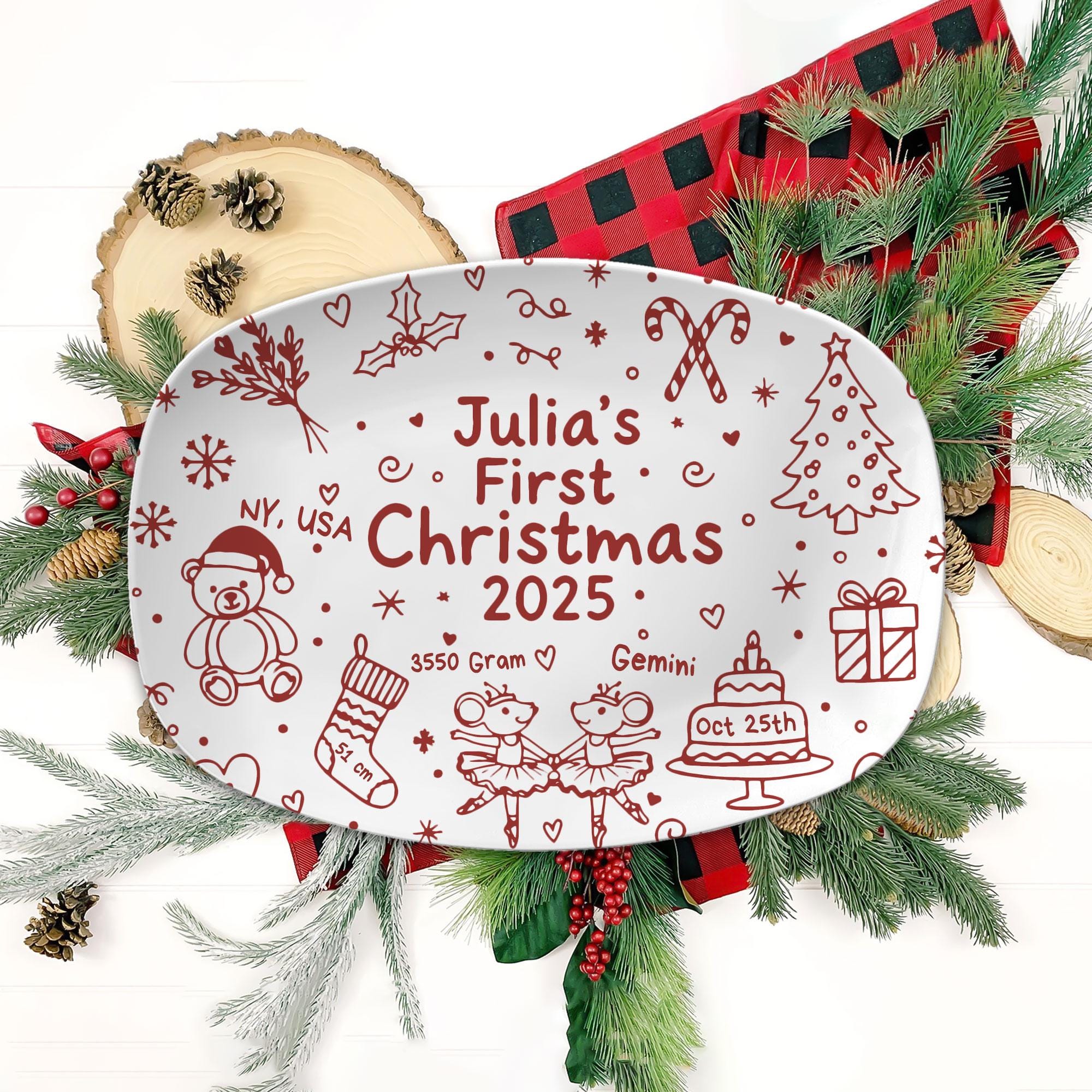 Baby’s First Christmas Platter: Personalized Plastic Keepsake Plate with Name, Birth Details & Holiday Icons image 1