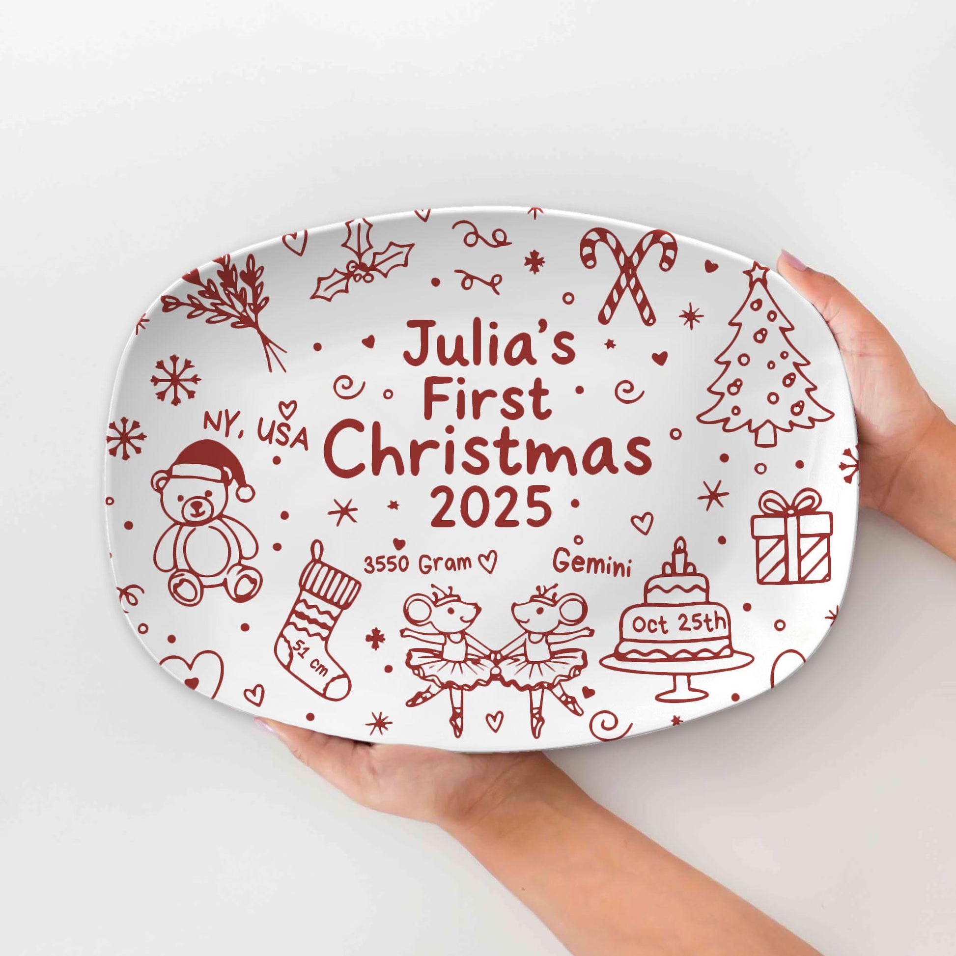 Baby’s First Christmas Platter: Personalized Plastic Keepsake Plate with Name, Birth Details & Holiday Icons image 2