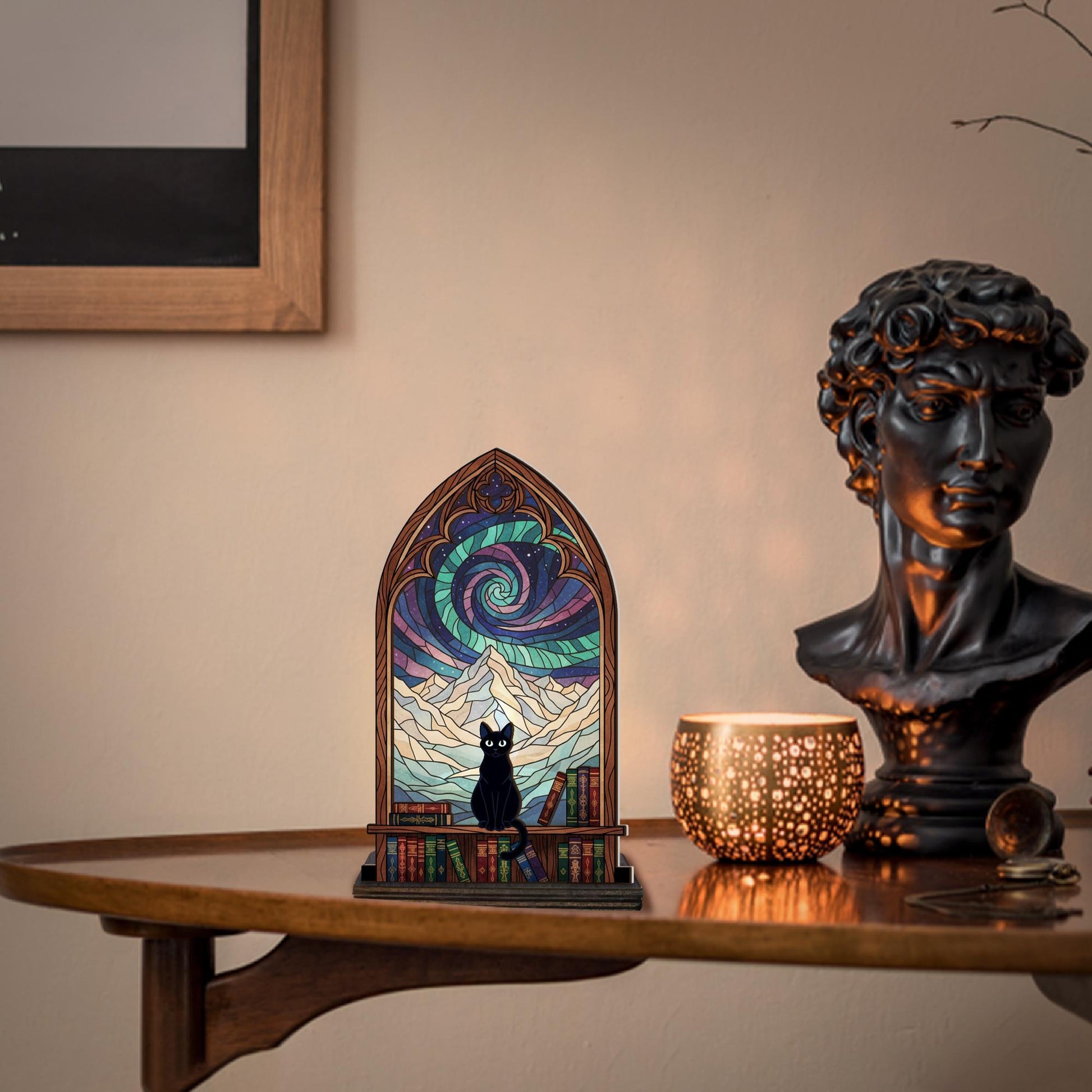 Custom Stained Glass Cat Suncatcher Candle Holder - Home Decor Mountain Spiral Art image 1