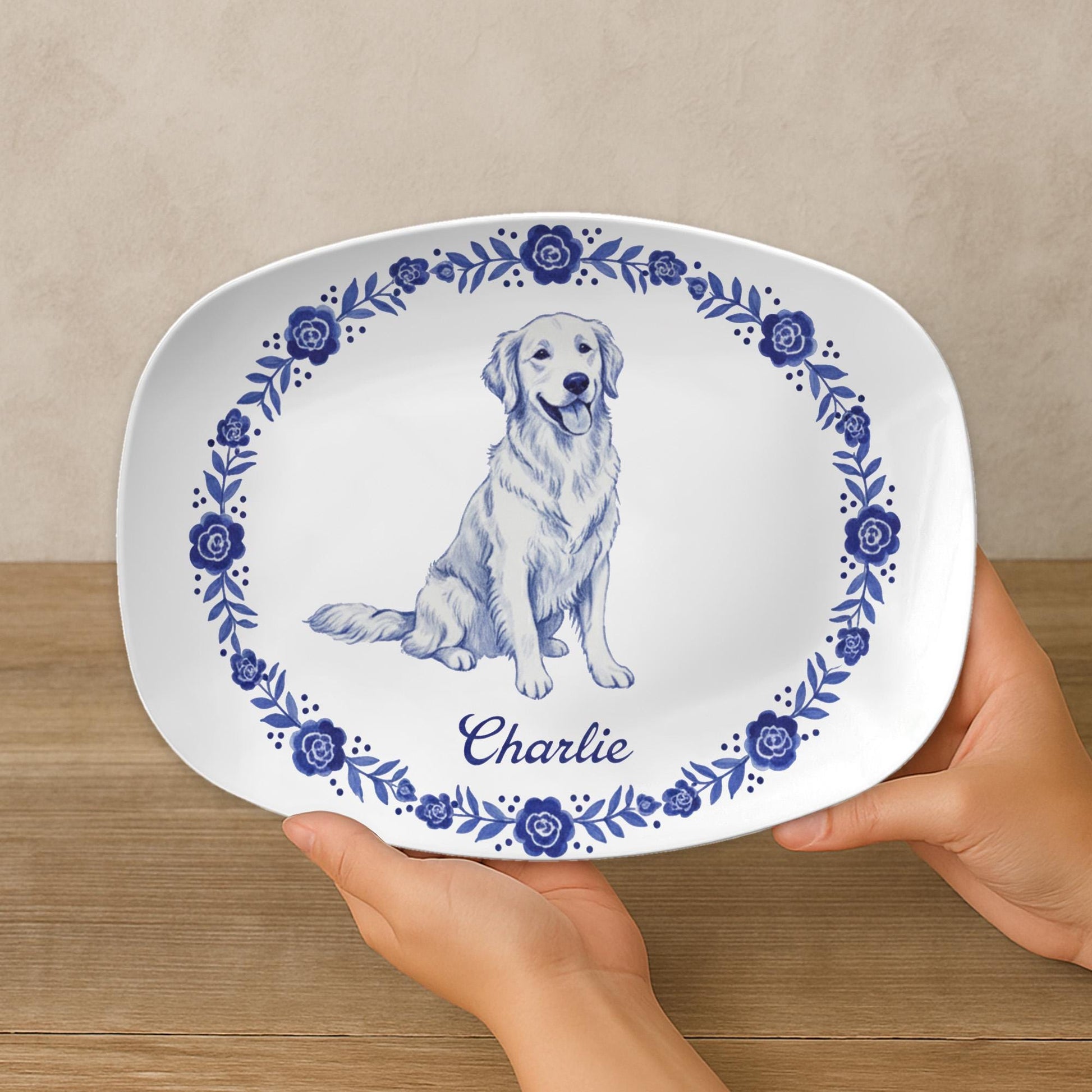 Custom Pet Portrait Platter with Blue Floral Border Design - Decor Only image 4