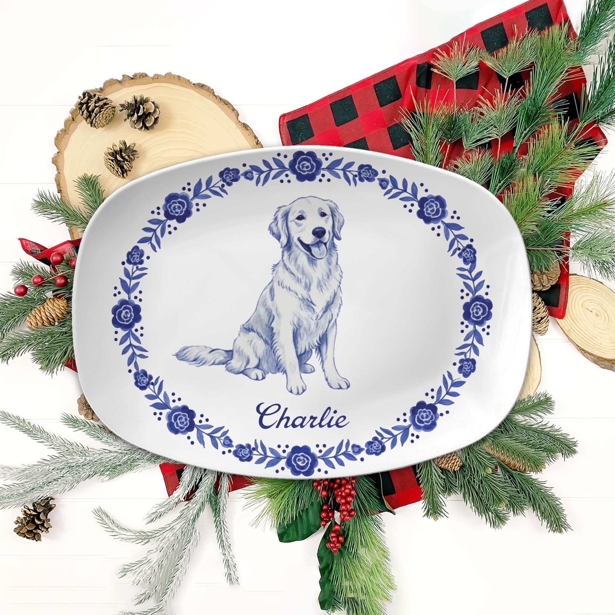 Custom Pet Portrait Platter with Blue Floral Border Design - Decor Only image 5
