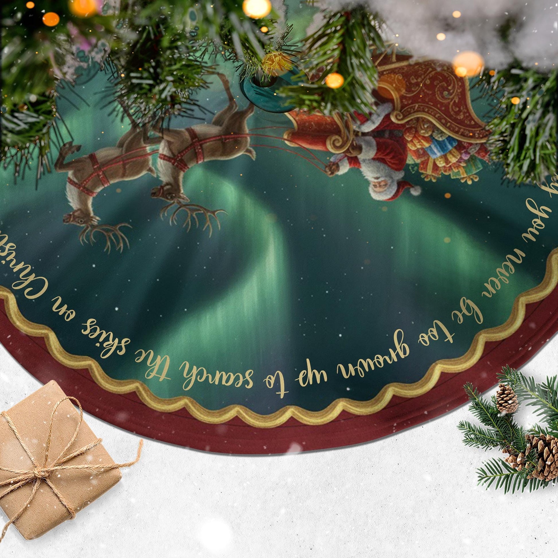 Christmas Tree Skirt: Santa Sleigh Scene, Aurora Forest Design image 4
