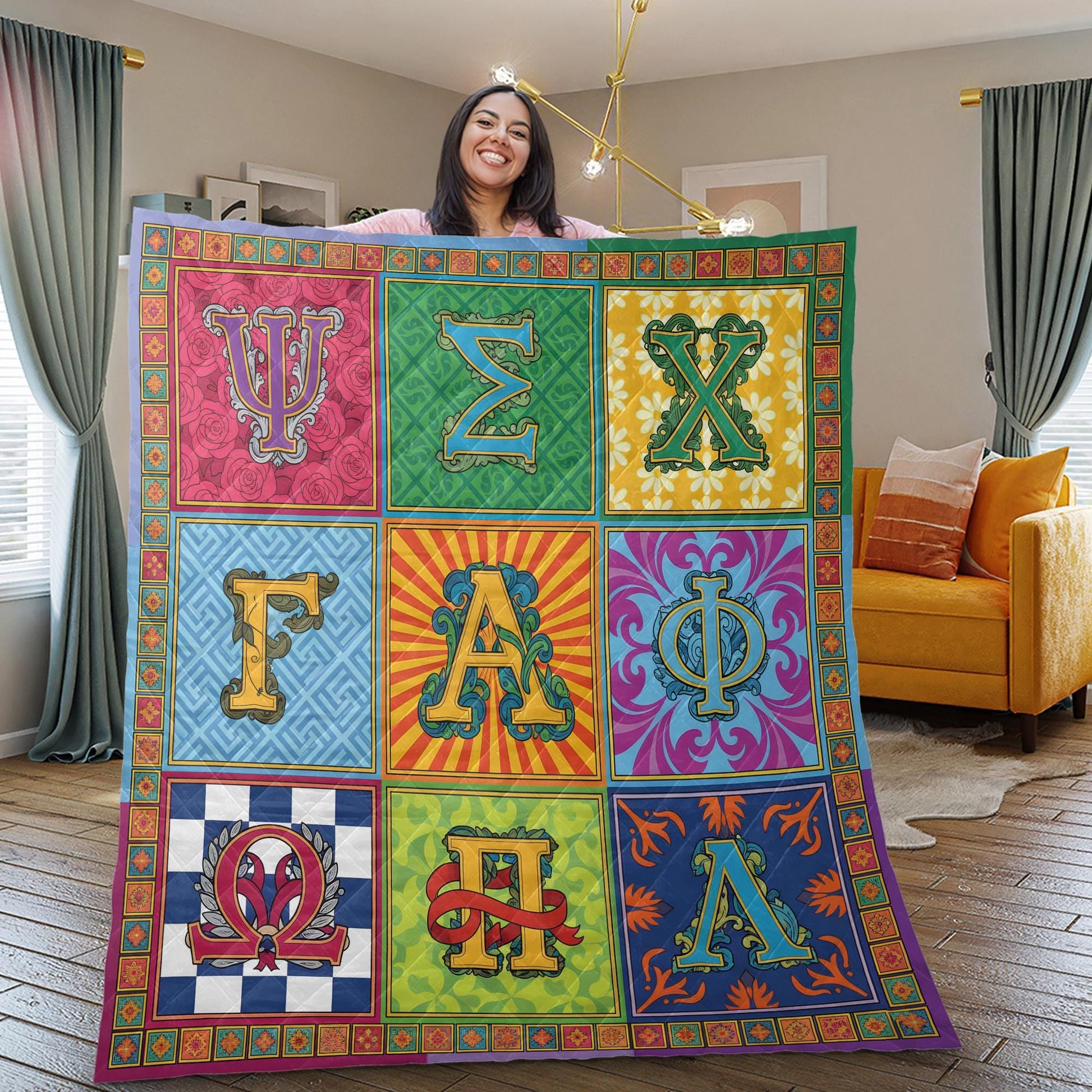 Fleece Quilt Blanket: Greek Letter Alphabet Throw, Colorful Ornate Grid Design image 2