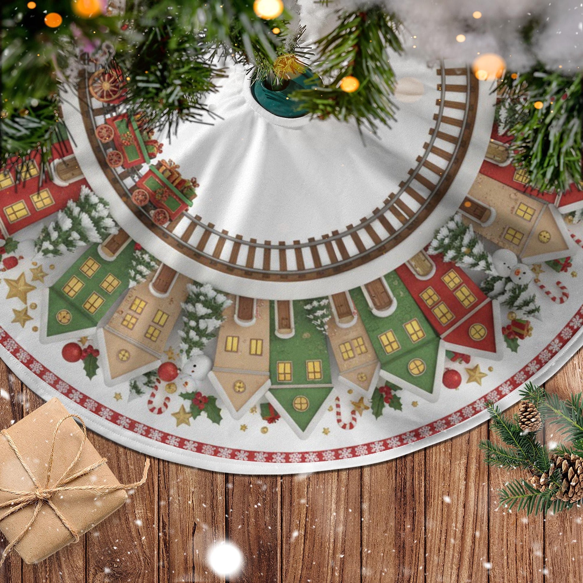 Christmas Tree Skirt: Toy Train Track Design, Holiday Village Scene image 2