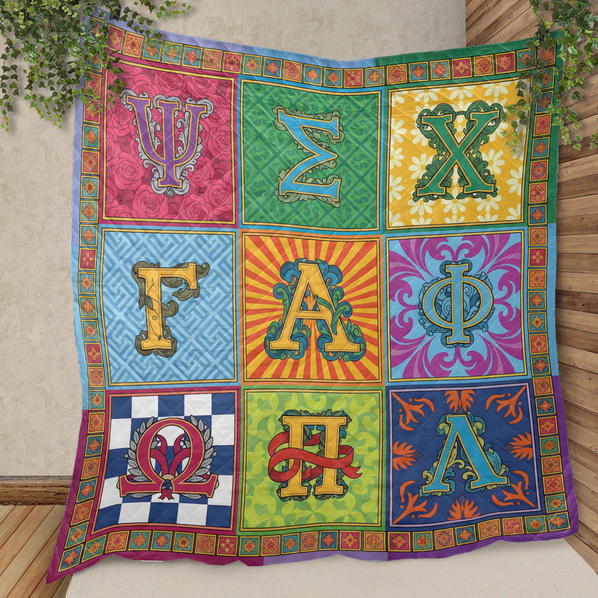 Fleece Quilt Blanket: Greek Letter Alphabet Throw, Colorful Ornate Grid Design image 6