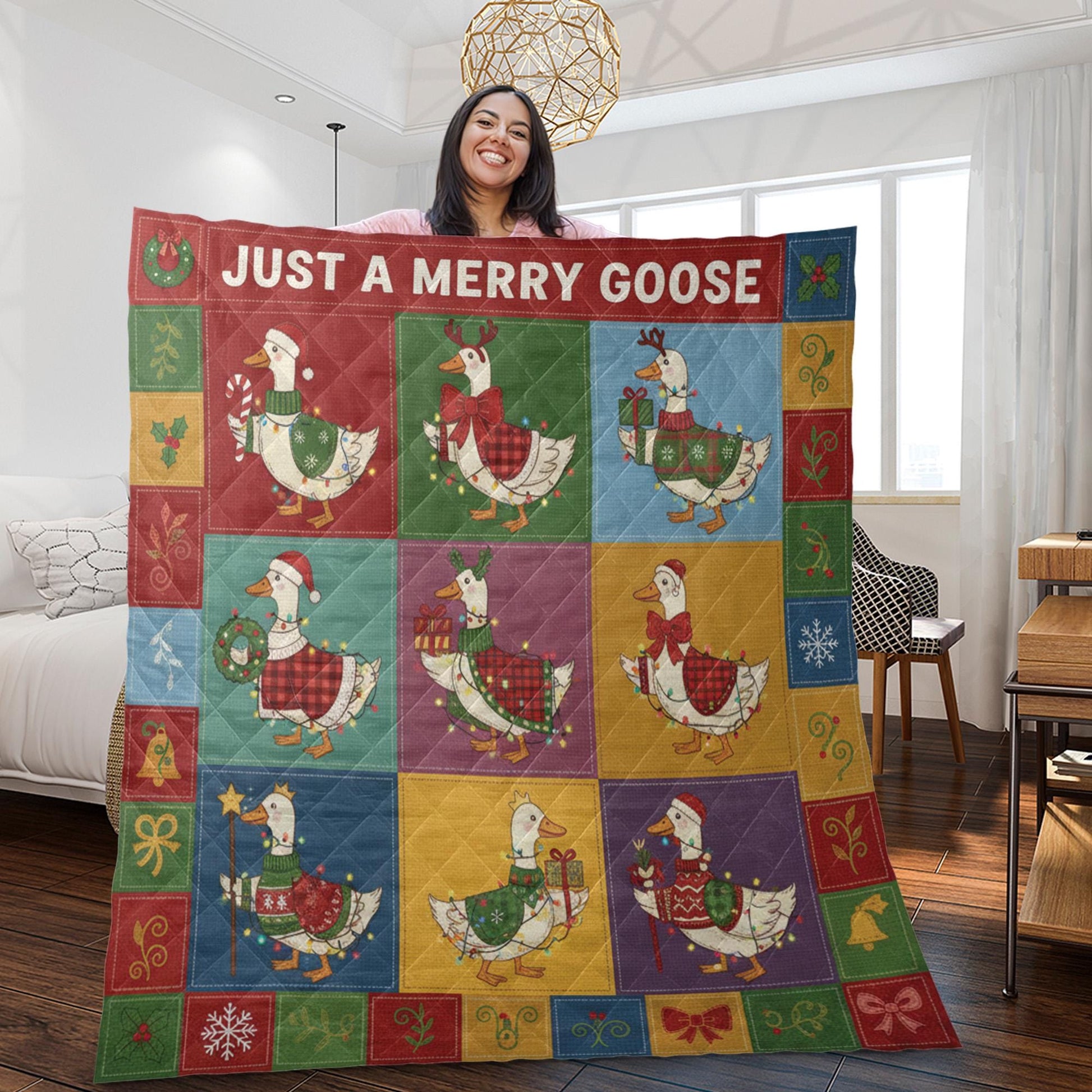 Fleece Quilt Blanket: "Just a Merry Goose" Throw, Festive Farmhouse Grid Design image 2