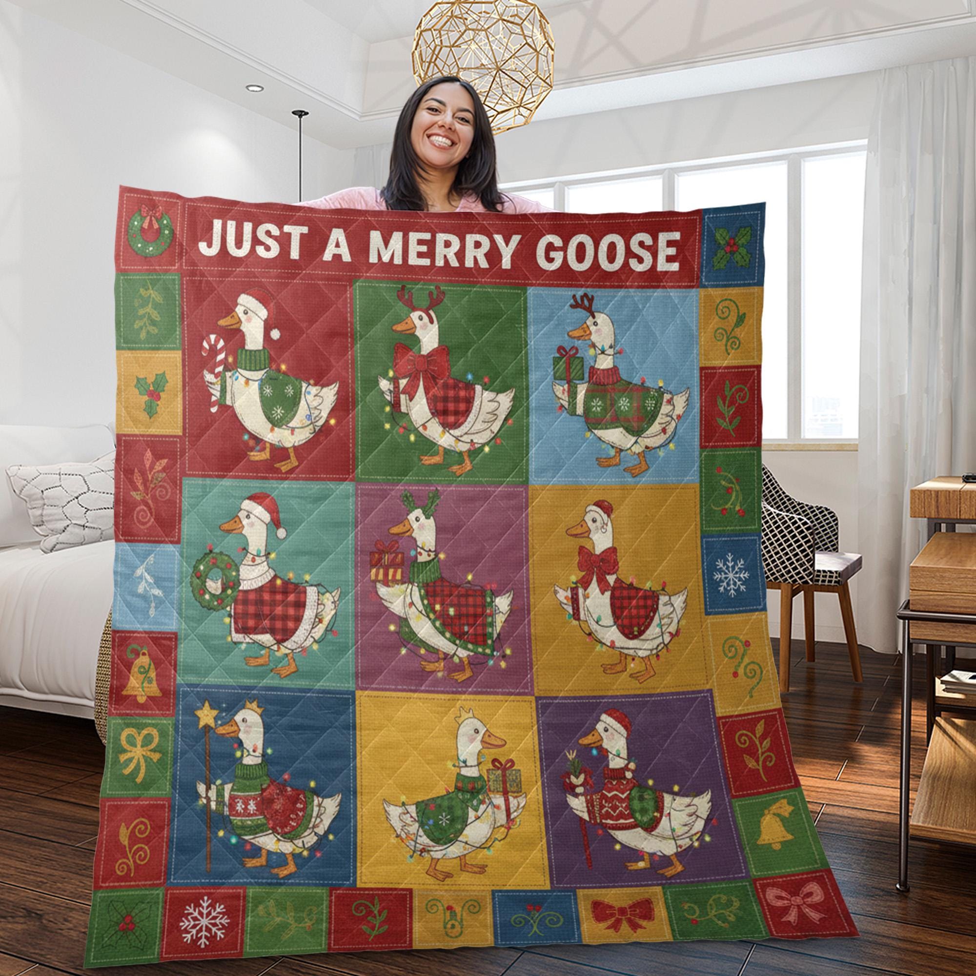 Fleece Quilt Blanket: "Just a Merry Goose" Throw, Festive Farmhouse Grid Design image 2