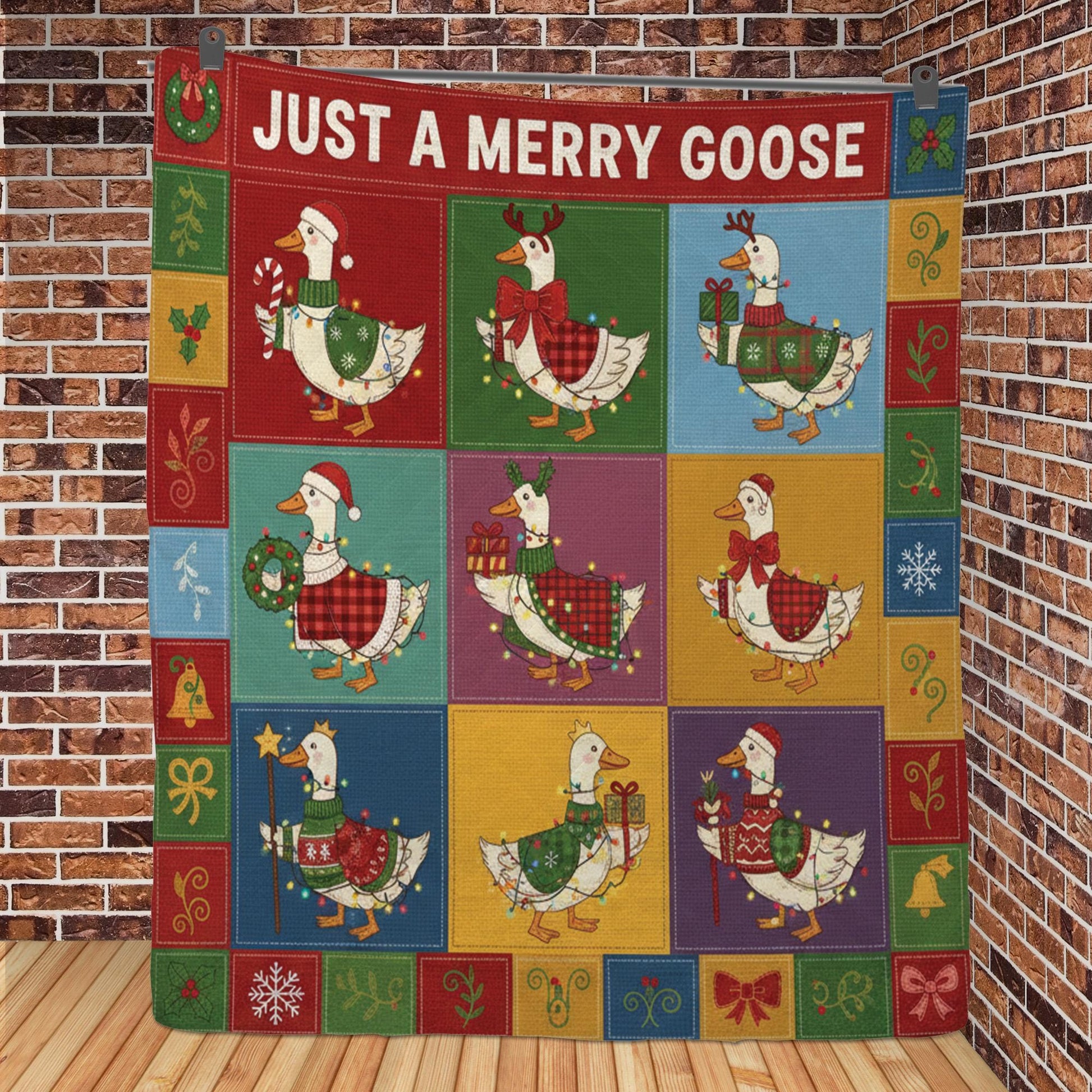 Fleece Quilt Blanket: "Just a Merry Goose" Throw, Festive Farmhouse Grid Design image 4