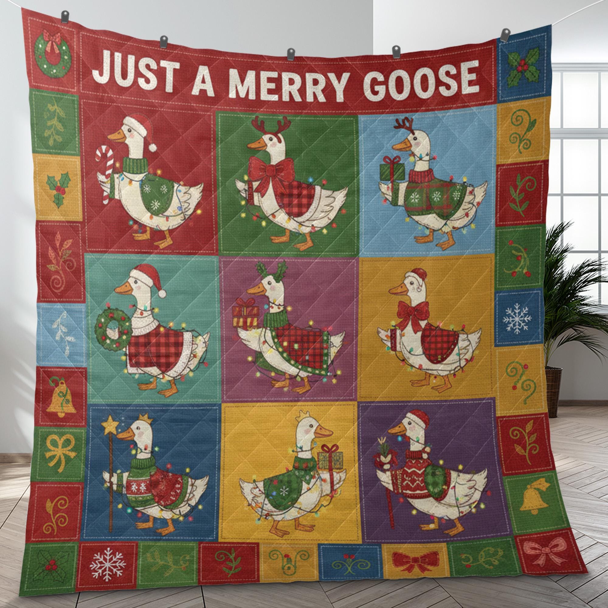 Fleece Quilt Blanket: "Just a Merry Goose" Throw, Festive Farmhouse Grid Design image 6