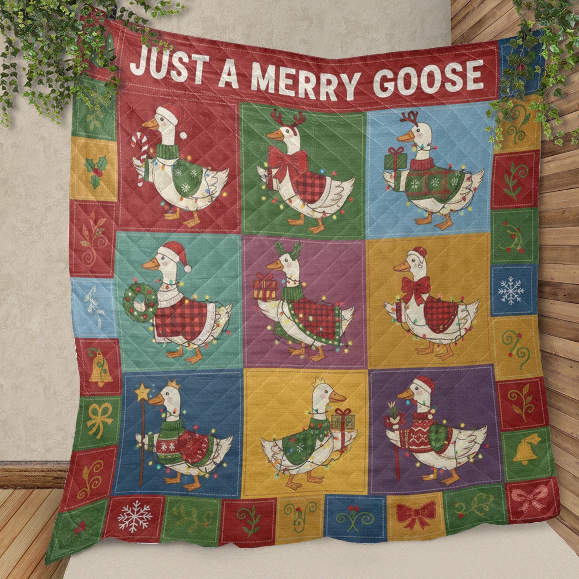 Fleece Quilt Blanket: "Just a Merry Goose" Throw, Festive Farmhouse Grid Design image 7