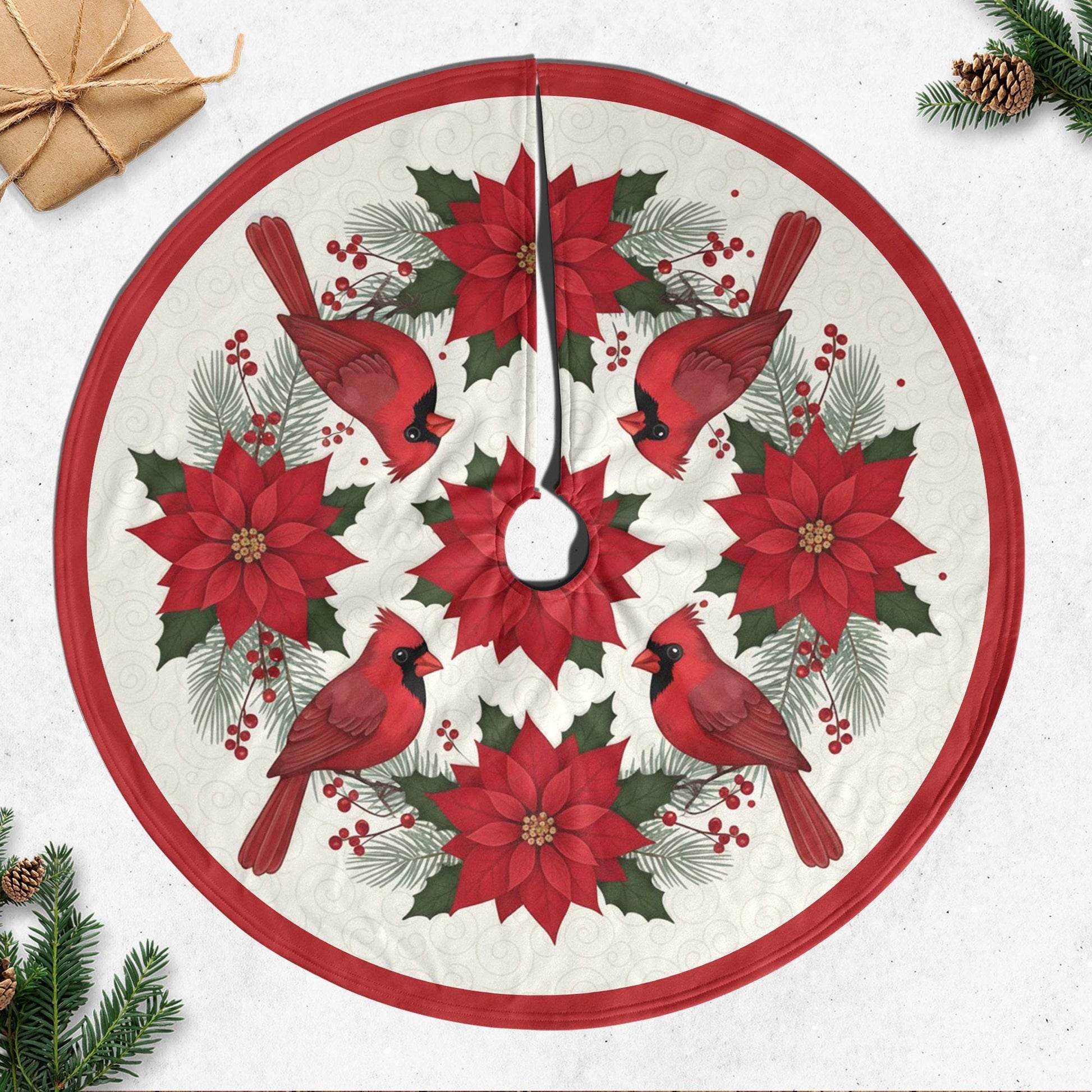 Christmas Tree Skirt: Cardinal Poinsettia Design, Holiday Pine Accents image 4