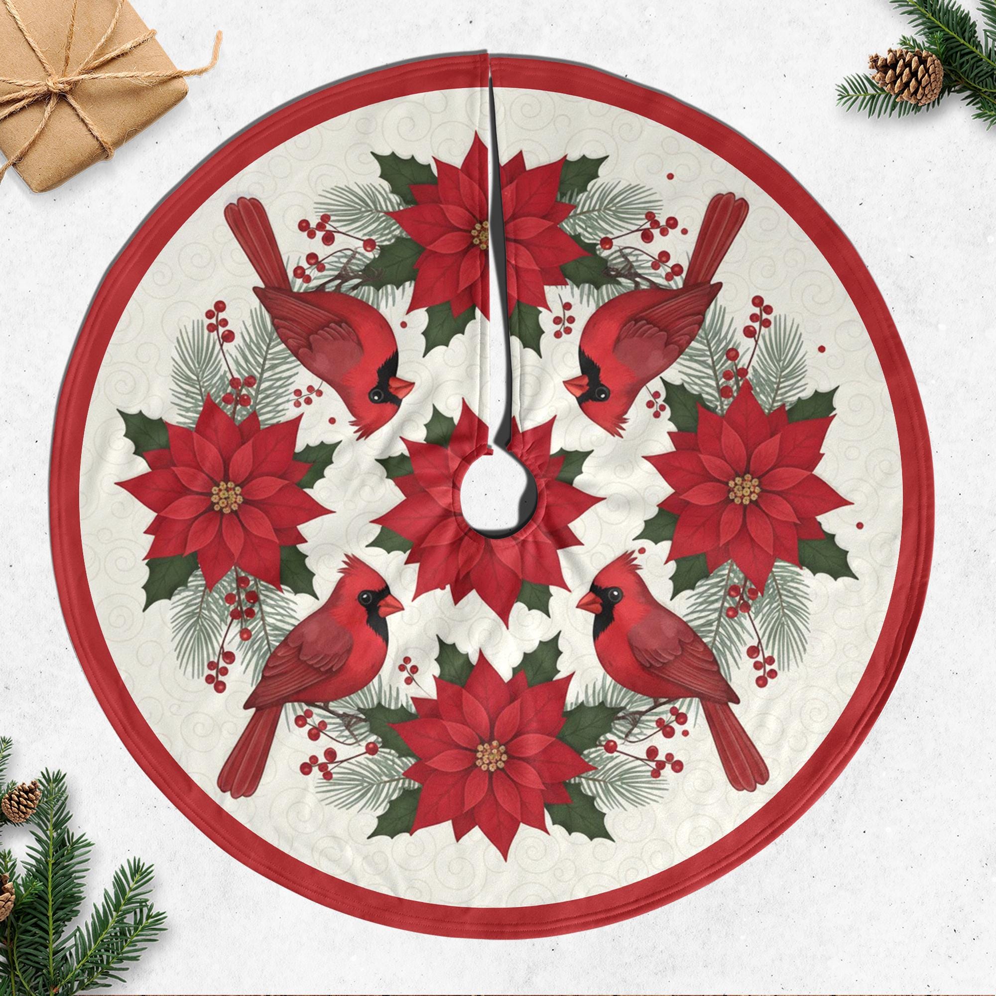 Christmas Tree Skirt: Cardinal Poinsettia Design, Holiday Pine Accents image 4